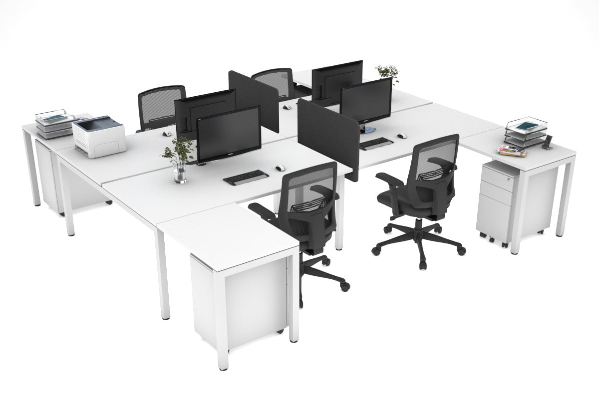 Quadro 4-Person Corner Workstation with Square Legs - H Configuration, White Frame (1600L x 1800W) - Office Desk with Cable Management Scallop for Collaborative Workspaces & Team Environments