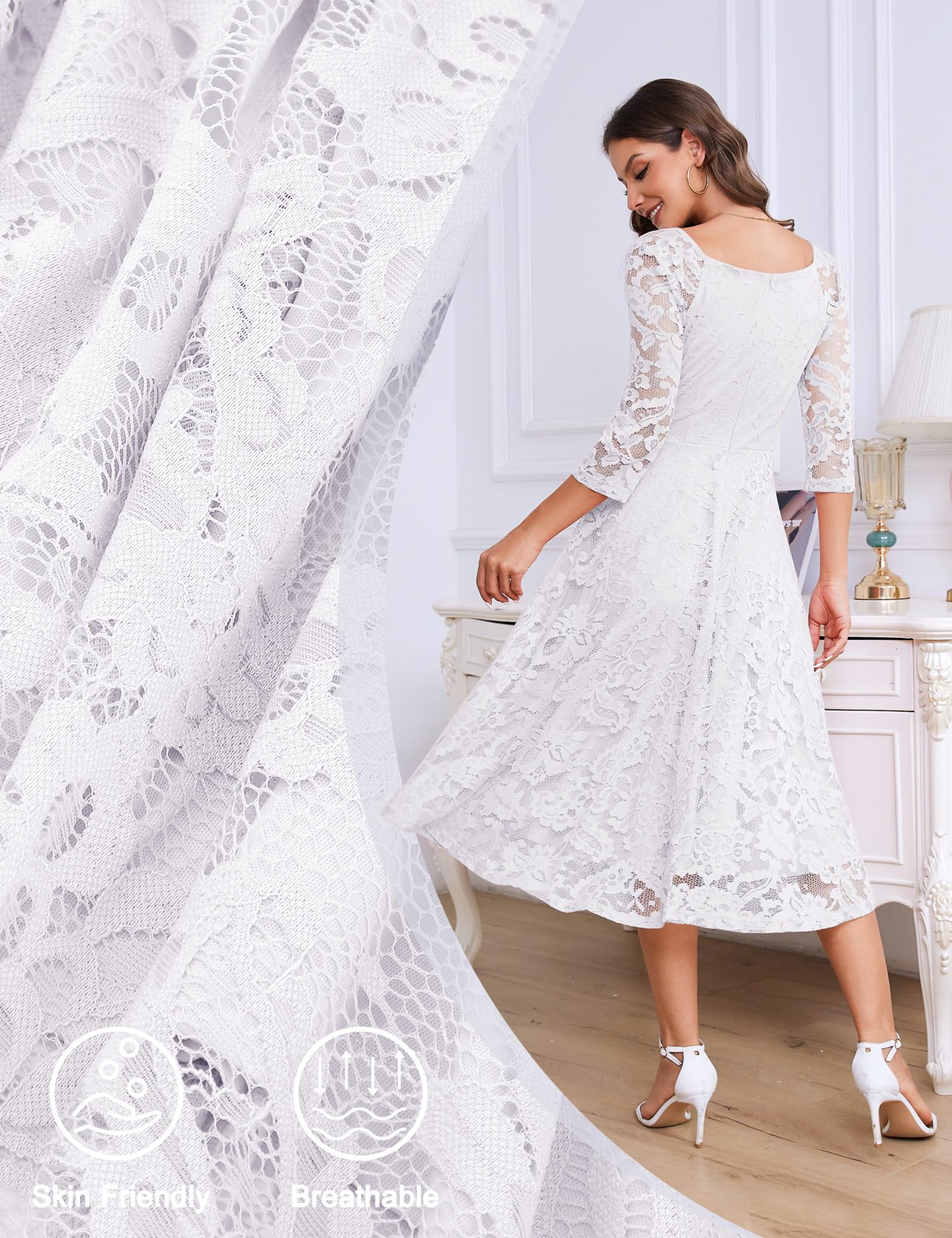 Elegant Long-Sleeve Lace Wedding Guest Dress for Women - A-Line Formal Cocktail Party Midi Dress, Prom Gown for Special Occasions, Evening Events & Holiday Celebrations