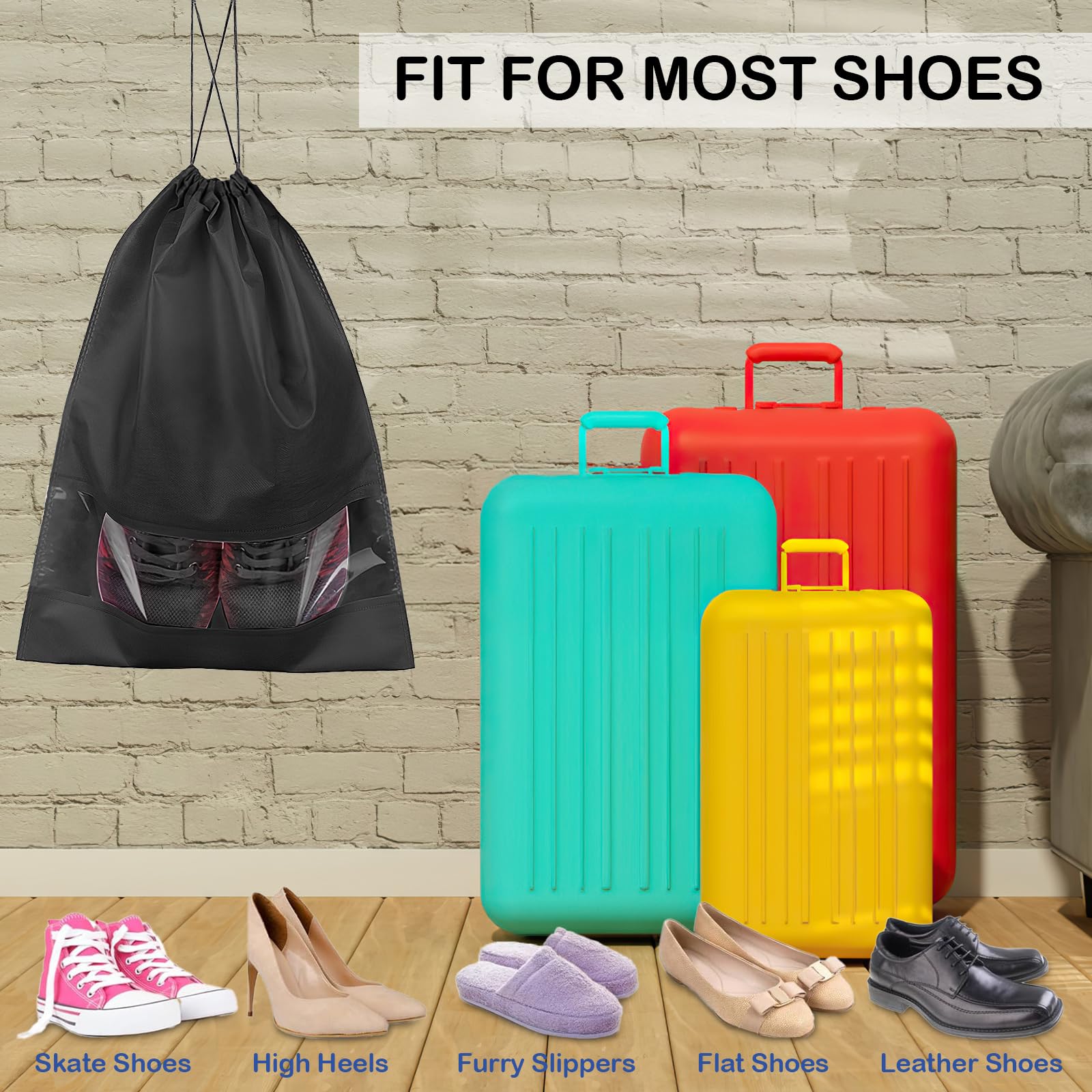 18 Pack Large Clear Window Shoe Bags for Travel - Dustproof Drawstring Shoe Storage Organizers for Men & Women (Black) | Perfect for Packing Shoes, Gym Bags & Suitcase Organization