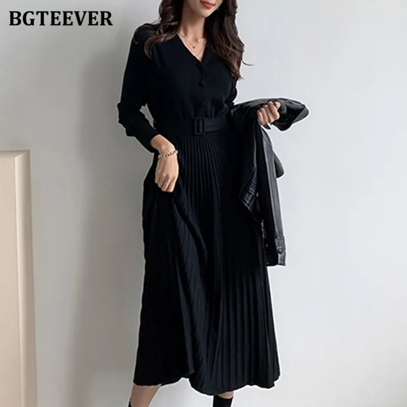 Elegant V-Neck Single-Breasted Women's Thick Knit Sweater Dress with Belt - A-Line Soft Winter Dress for Autumn & Winter 2021 | Perfect for Office, Date Night & Casual Outings