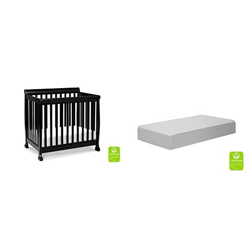 Davini Kalani 4-in-1 Convertible Mini Crib to Twin Bed - Ebony Black Finish with Premium Slumber Mini Crib Mattress | Nursery Furniture for Small Spaces & Growing Toddlers