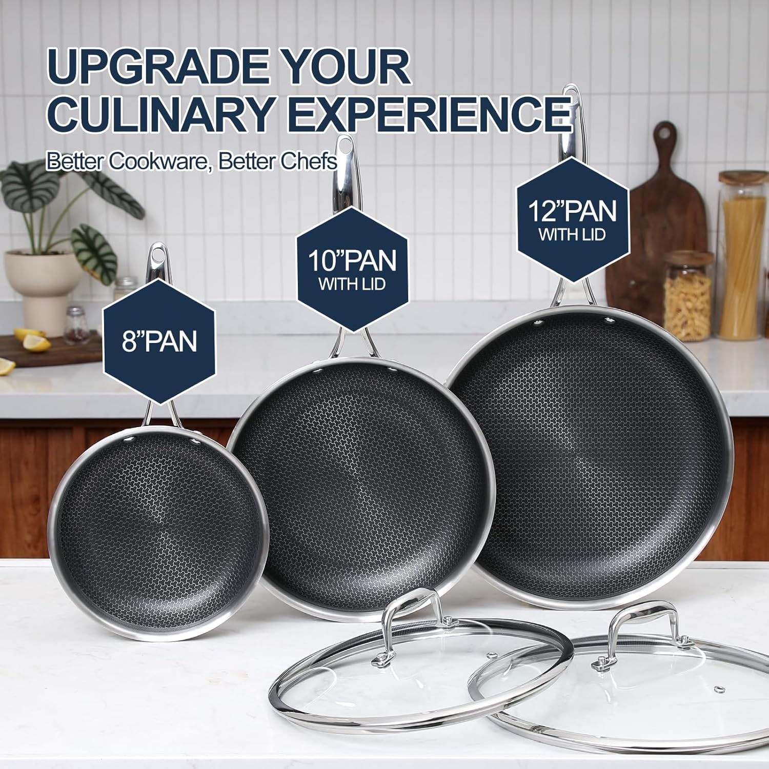 Premium 5-Piece Nonstick Fry Pan Set - 8, 10 & 12-Inch Hybrid Skillets with Glass Lids & Stay-Cool Handles | PFOA-Free, Dishwasher & Oven Safe | Compatible with All Cooktops | Perfect for Sautéing, Frying & Everyday Cooking