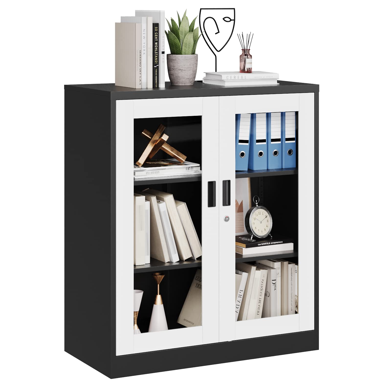 MIIIKO Metal Display Cabinet with Glass Doors & Lock - 2 Adjustable Shelves Storage Locker for Home, Office, School, Kitchen & Living Room - Perfect for Showcasing Collectibles, Storing Valuables & Organizing Spaces
