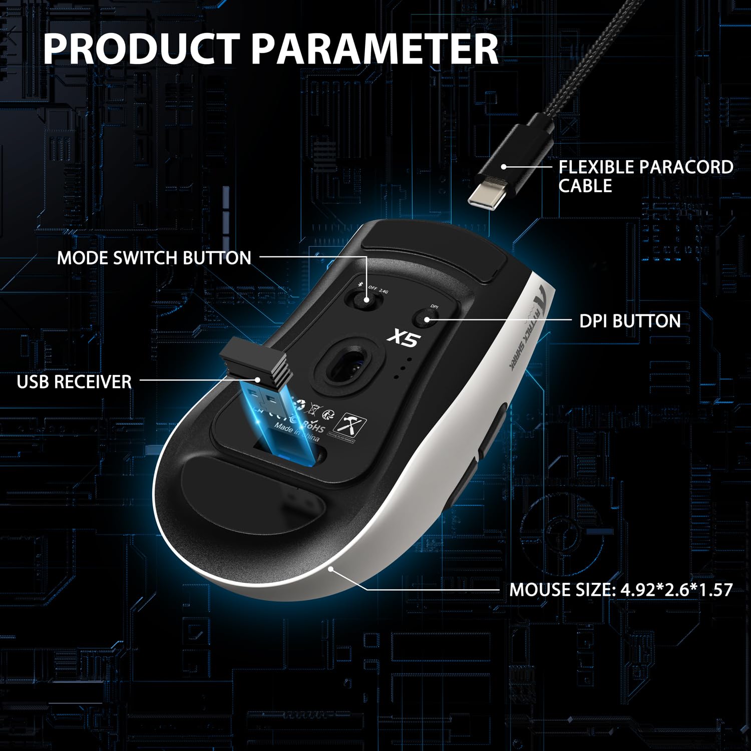 Magic-Refiner X5 Wireless Gaming Mouse - Tri-Mode Bluetooth 5.0/2.4G/USB-C, Ultra-Light 49g RGB Ergonomic Mouse with PixArt Optical Sensor & Adjustable DPI (Black & White) - Perfect for PC Gaming, Office Work & Travel