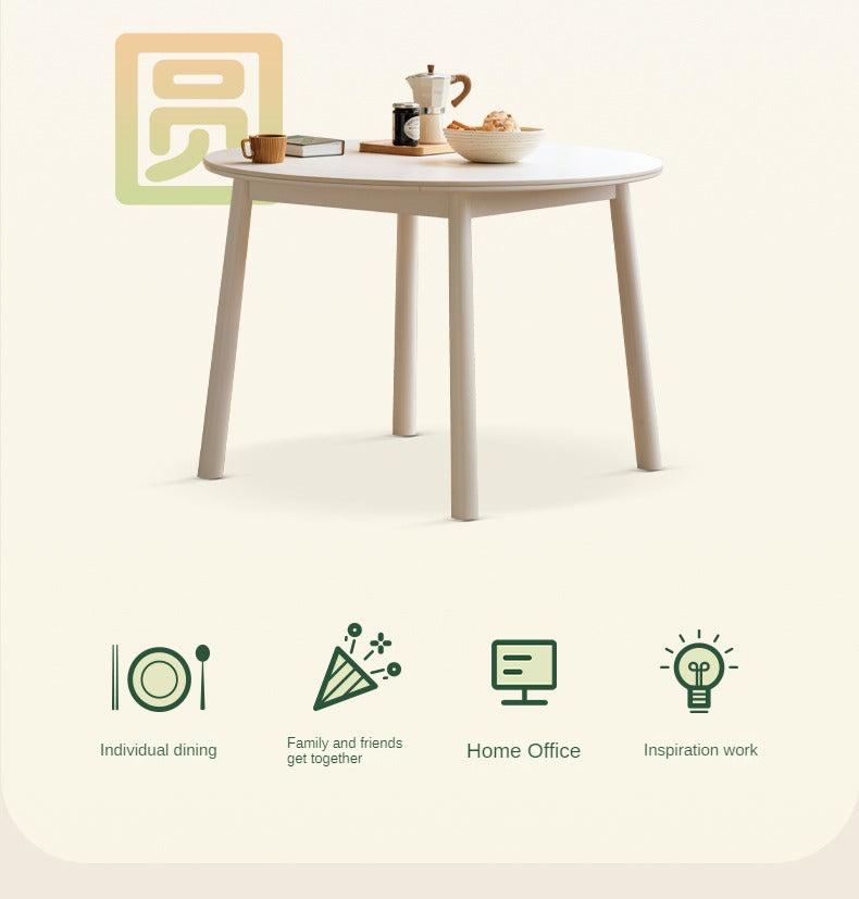 Birch Solid Wood Round Dining Table - White Cream Style Rock Board - Perfect for Modern Kitchens, Dining Rooms & Small Spaces