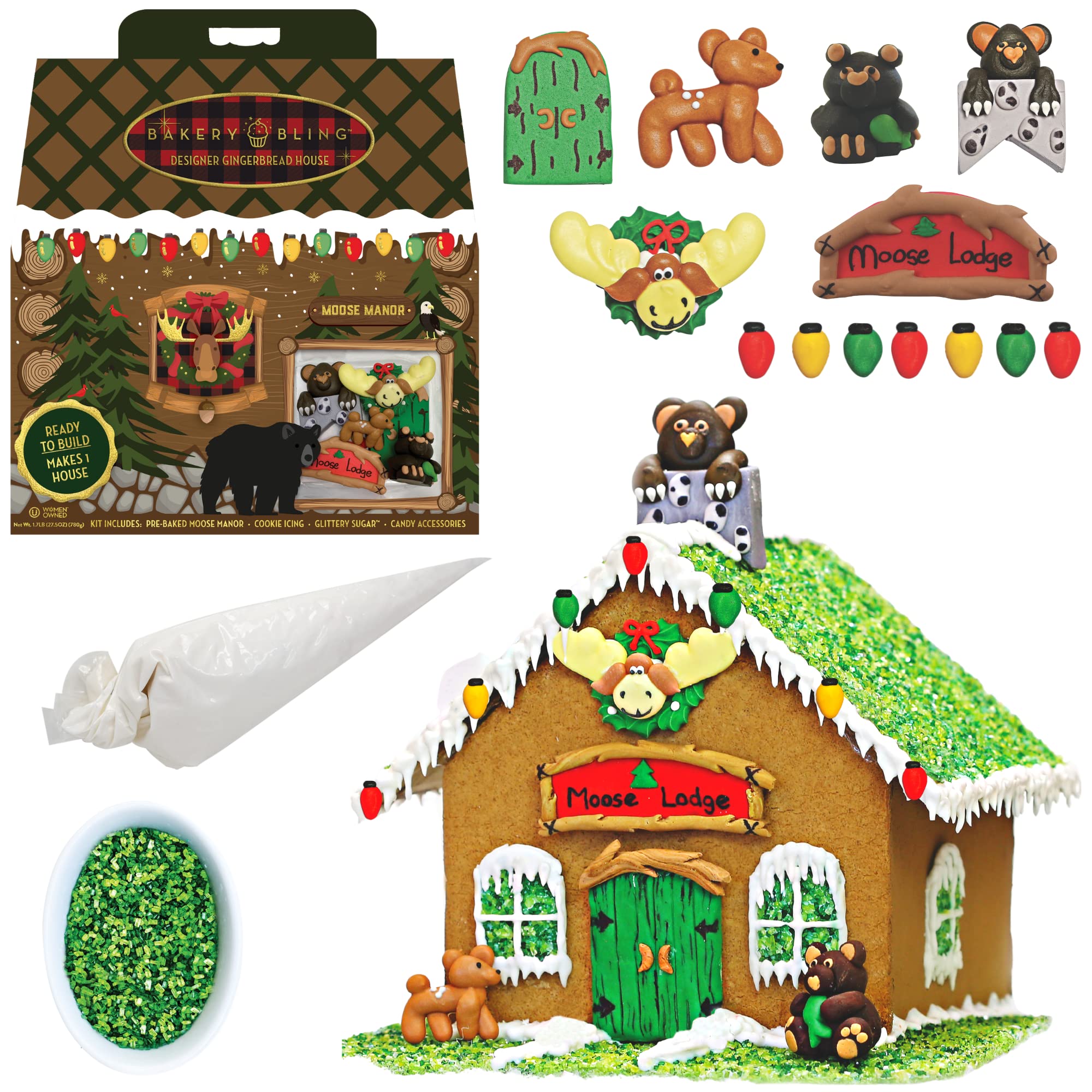 Christmas Gingerbread House Kit for Kids - Bakery Bling™ Moose Lodge DIY Baking Set with Pre-Baked House, Quick-Dry Icing, Glittery Sugar & Edible Decorations | Fun Holiday Activity for Family Baking & Christmas Party Decor