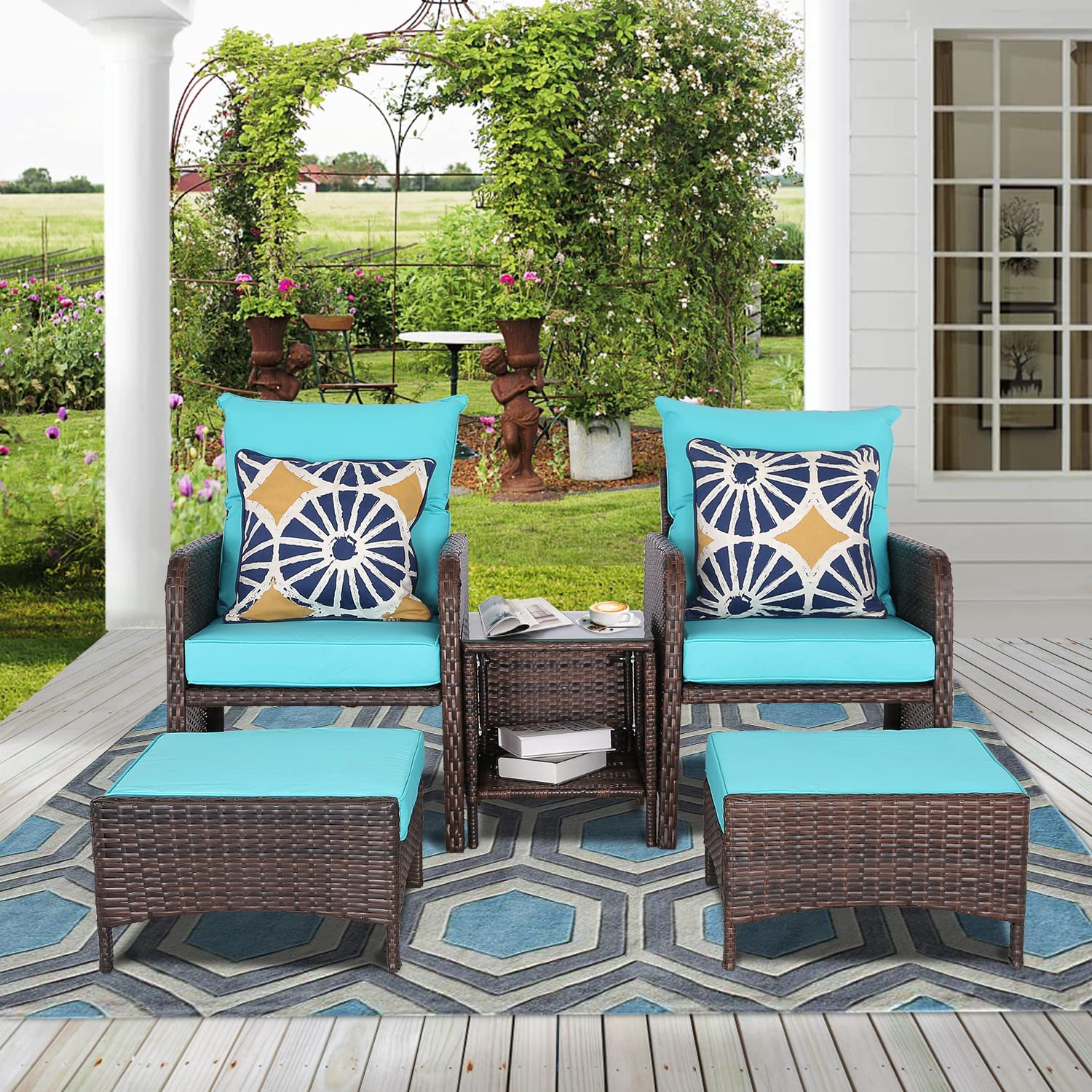 Furnivilla 5-Piece PE Wicker Rattan Furniture Set - Indoor/Outdoor Conversation Set with Coffee Table for Garden, Patio & Backyard (Sky Blue) - Perfect for Relaxing, Entertaining & Outdoor Dining