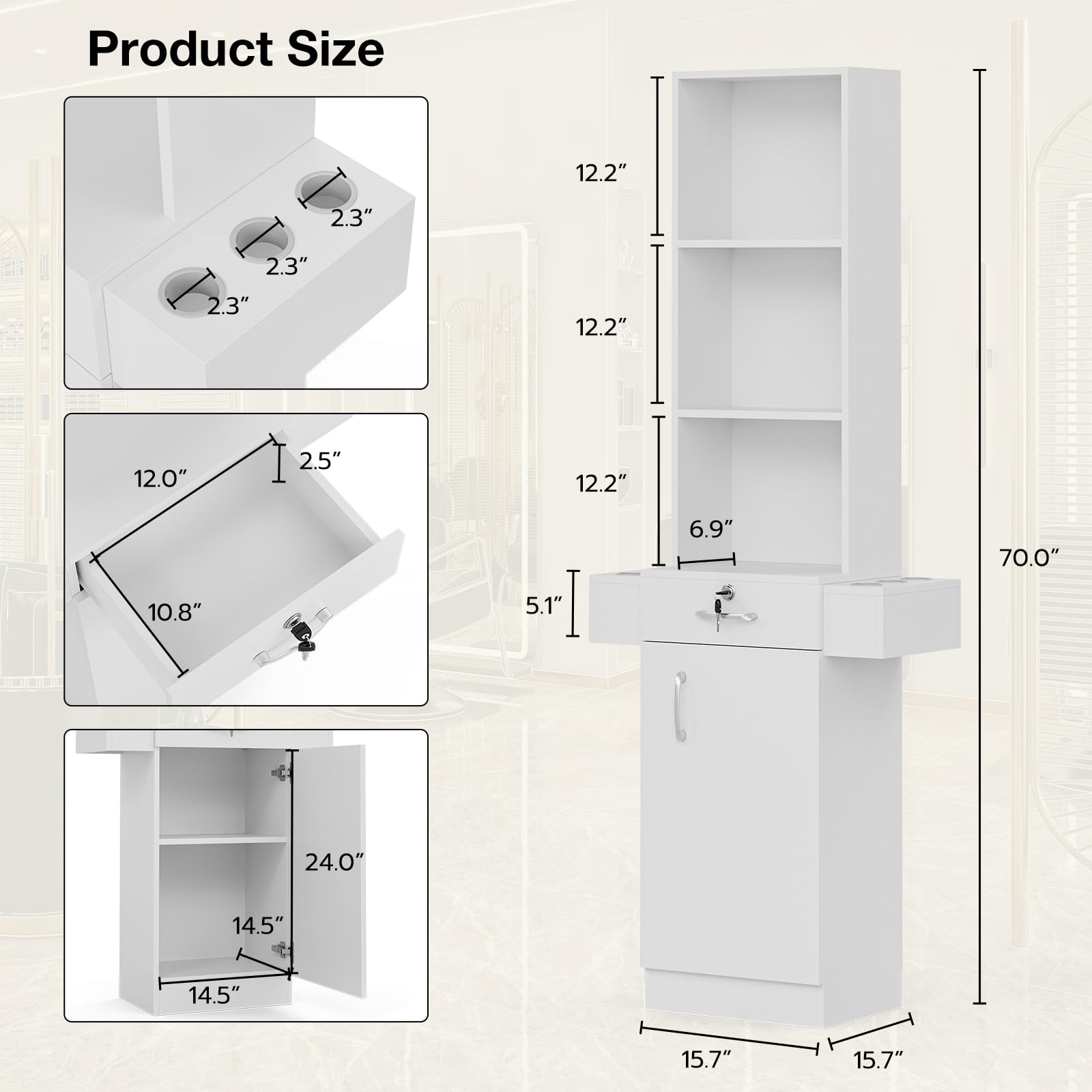 Professional Hair Salon Storage Station - White Barber Cabinet with 3 Open Shelves, 1 Lockable Drawer & 6 Hair Dryer Holders | Stylist Equipment Organizer for Salon, Barbershop & Home Beauty Station