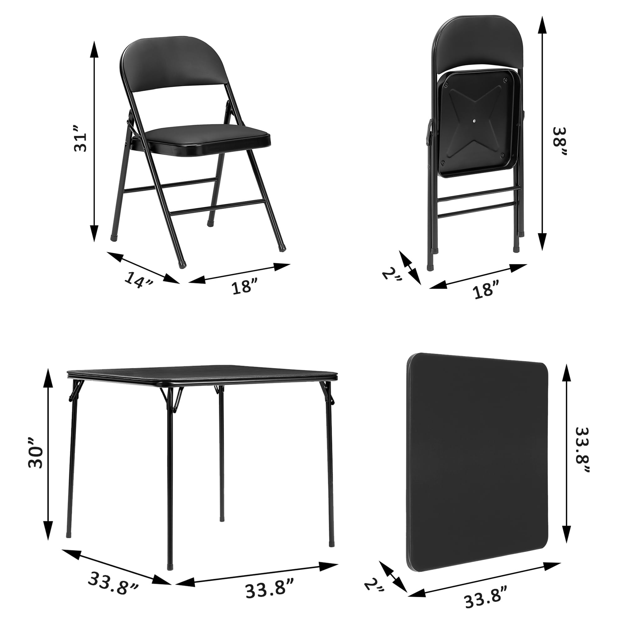 VECELO 5-Piece Portable Folding Card Table and Chair Set - Square Metal Frame with Collapsible Legs & Vinyl Upholstery in Black | Perfect for Game Nights, Outdoor Parties, and Indoor Gatherings