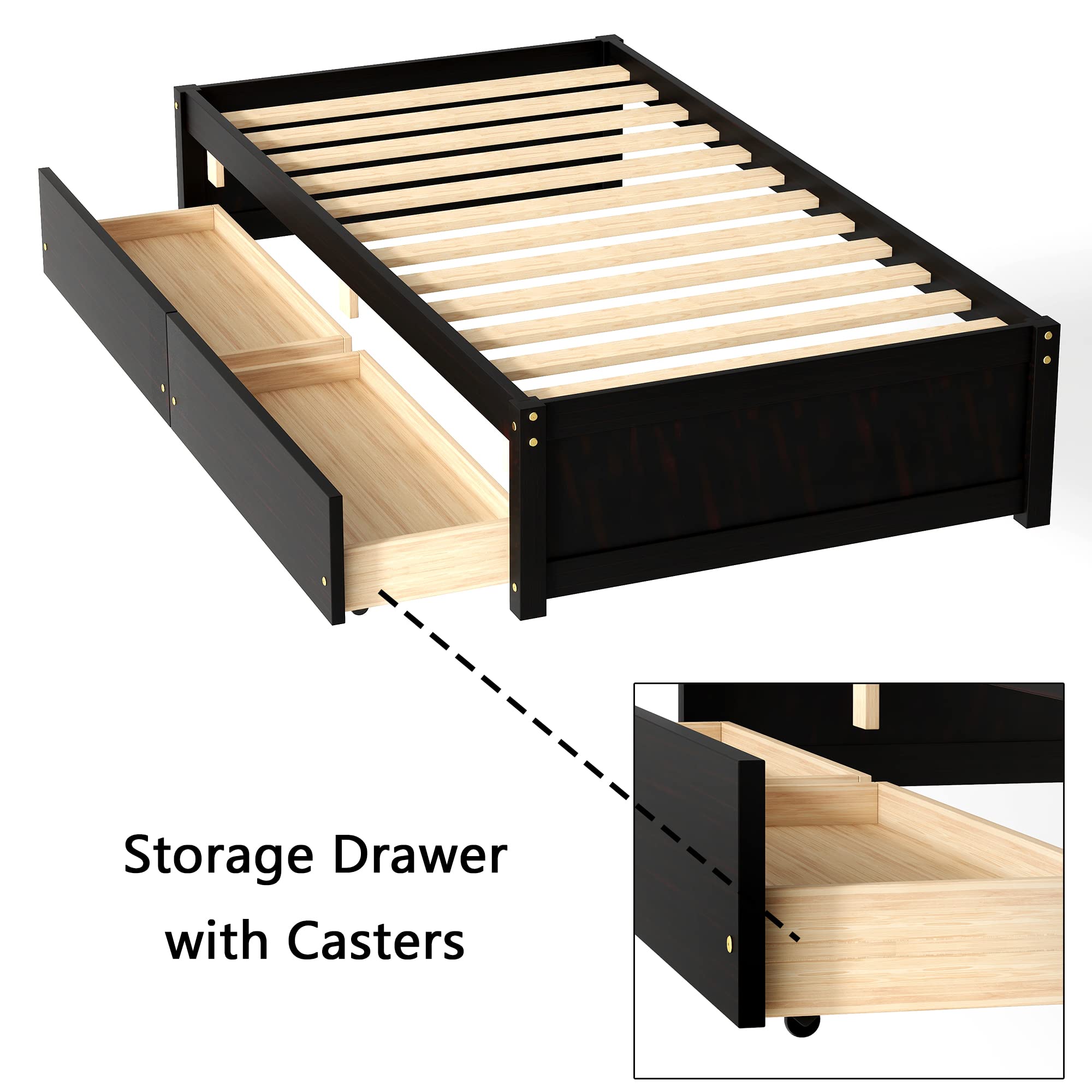 Twin Size Platform Bed Frame with 2 Storage Drawers - Solid Wood Captains Bed No Headboard for Kids & Teens (Espresso) | Space-Saving Bedroom Furniture for Small Rooms & Dormitories