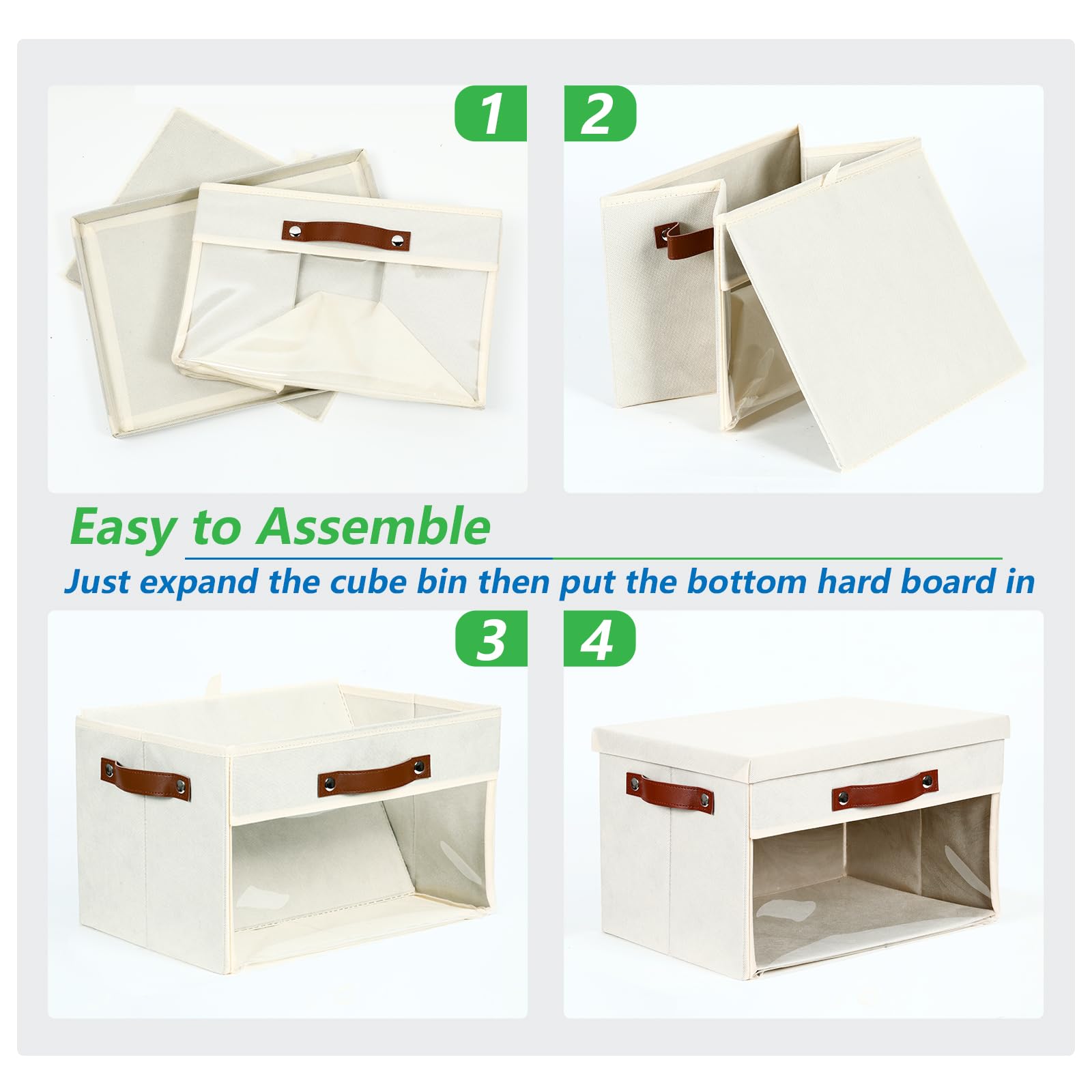 Bidtakay 4-Pack Collapsible Storage Bins with Lids & Clear Windows - 15 x 11 Inch Fabric Closet Organizer Baskets with Handles for Shelves, Clothes, Toys & Home Organization (Ivory) - Perfect for Bedroom, Closet, Nursery & Office Storage Solutions