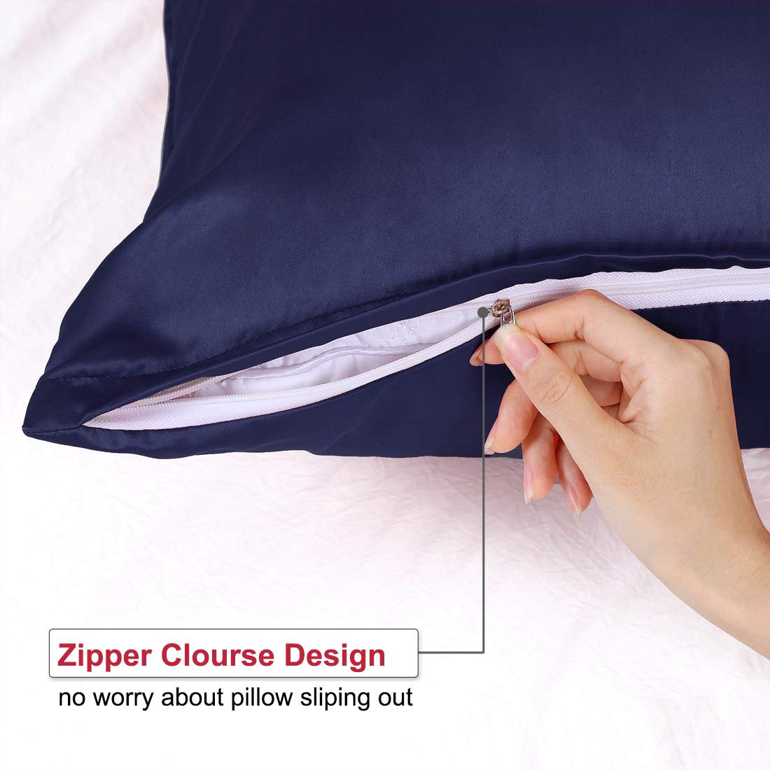 Luxury Satin Pillowcase Set of 2 with Zipper - Super Soft Silky Pillow Covers 14x20 Inches Navy Blue - Perfect for Travel, Home & Gift Giving