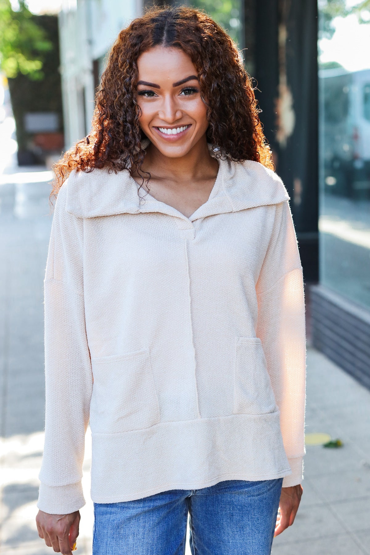 Easy Living Oatmeal Textured Knit Notch Neck Oversized Collar Sweater - Cozy Oversized Women's Knitwear for Fall & Winter | Perfect for Casual Outfits, Coffee Dates and Weekend Relaxation