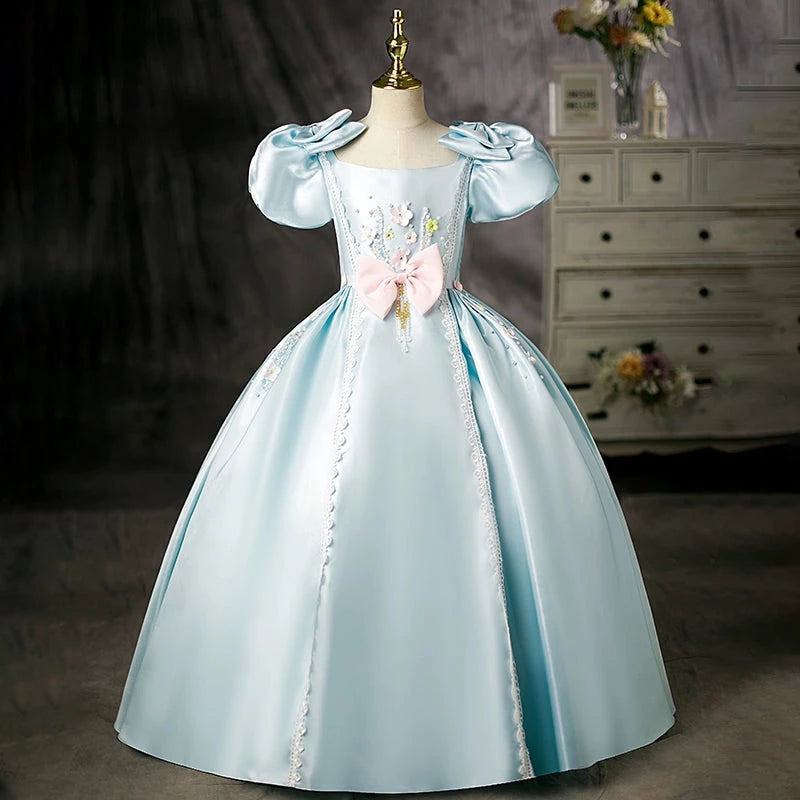 Mint Green Satin Princess Flower Girl Dress - Elegant Square Neck Floor Length Formal Gown for Weddings, Parties & Special Occasions