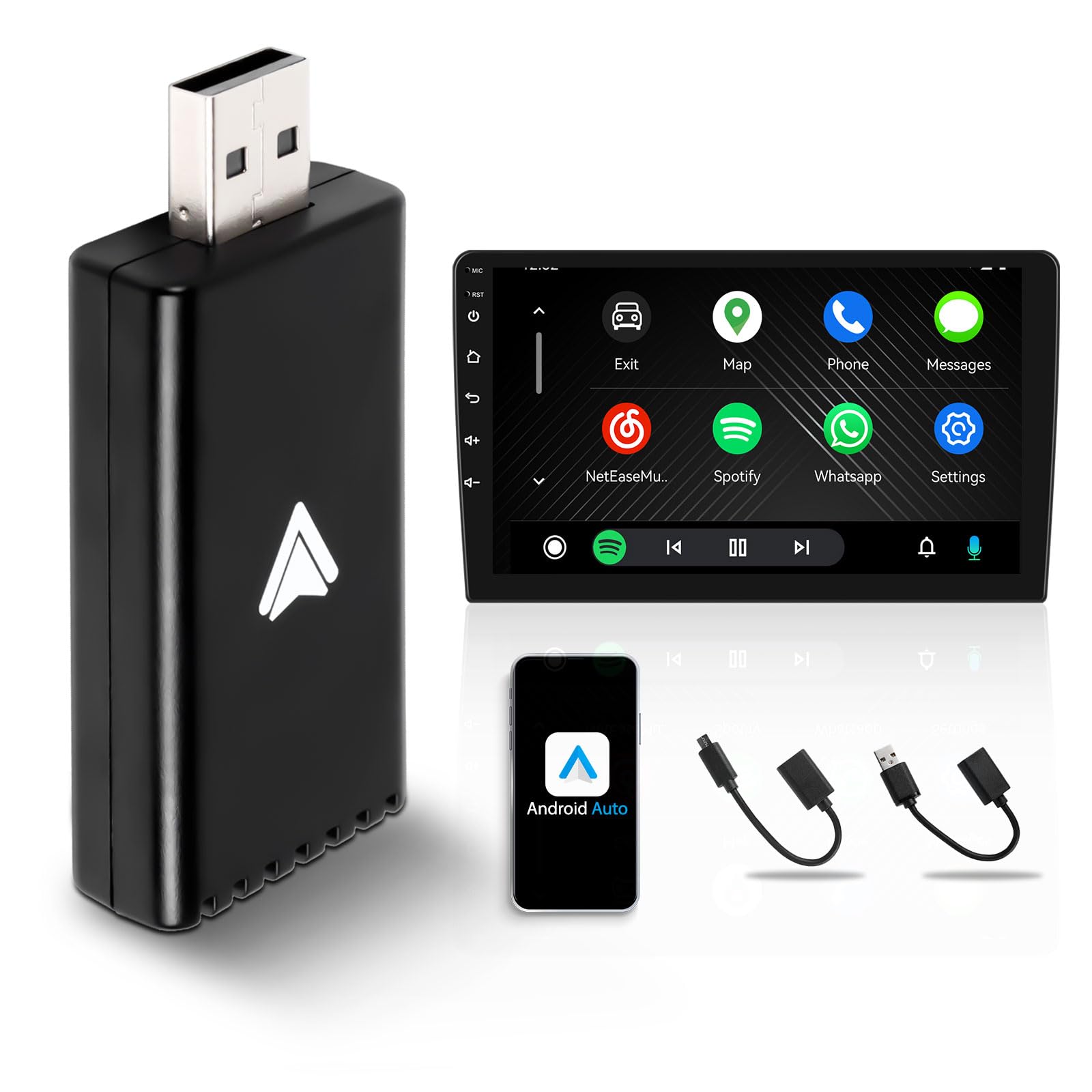 Wireless Android Auto Adapter for Car - Plug & Play Dual Core WiFi Dongle with USB C to A & USB A Extension Cable - Fast Connection No Lag - Compatible with 2017+ OEM Wired Car Models - Perfect for Commuting & Road Trips