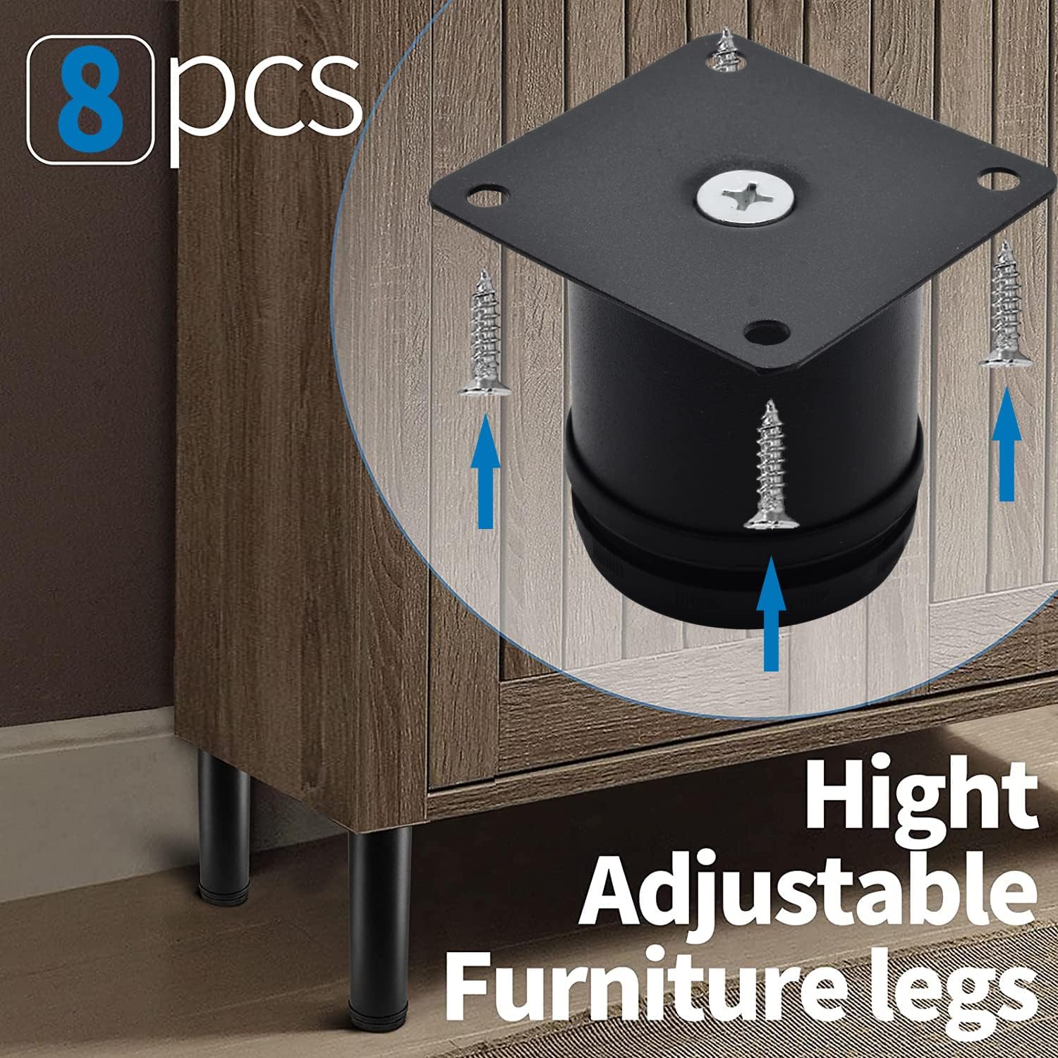 2.5 Inch Adjustable Stainless Steel Furniture Legs - Round Black Metal Cabinet Legs for Coffee Table, Desk, Sofa & Shelves (Pack of 8) | Durable & Stylish Home Decor Upgrade for Modern Living Spaces