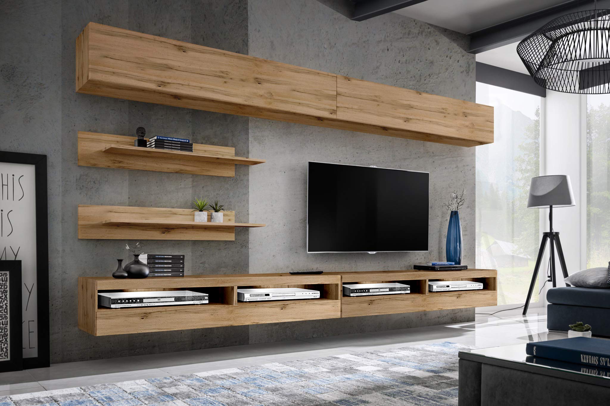 Modern Oak Wall-Mounted TV Stand with Storage Shelves & LED Lights - Floating Entertainment Center Console for Living Room & Bedroom - Perfect for Small Spaces & Home Theater Setup - Meble Furniture Fly I1 35TV Stand