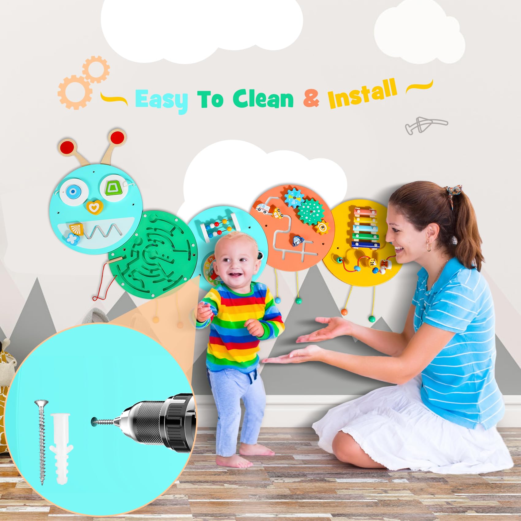 Montessori Sensory Busy Board for Toddlers - Wall Activity Panel with Caterpillar Design, Learning Toys for Daycare & Playroom - Perfect for Early Childhood Development & Sensory Play
