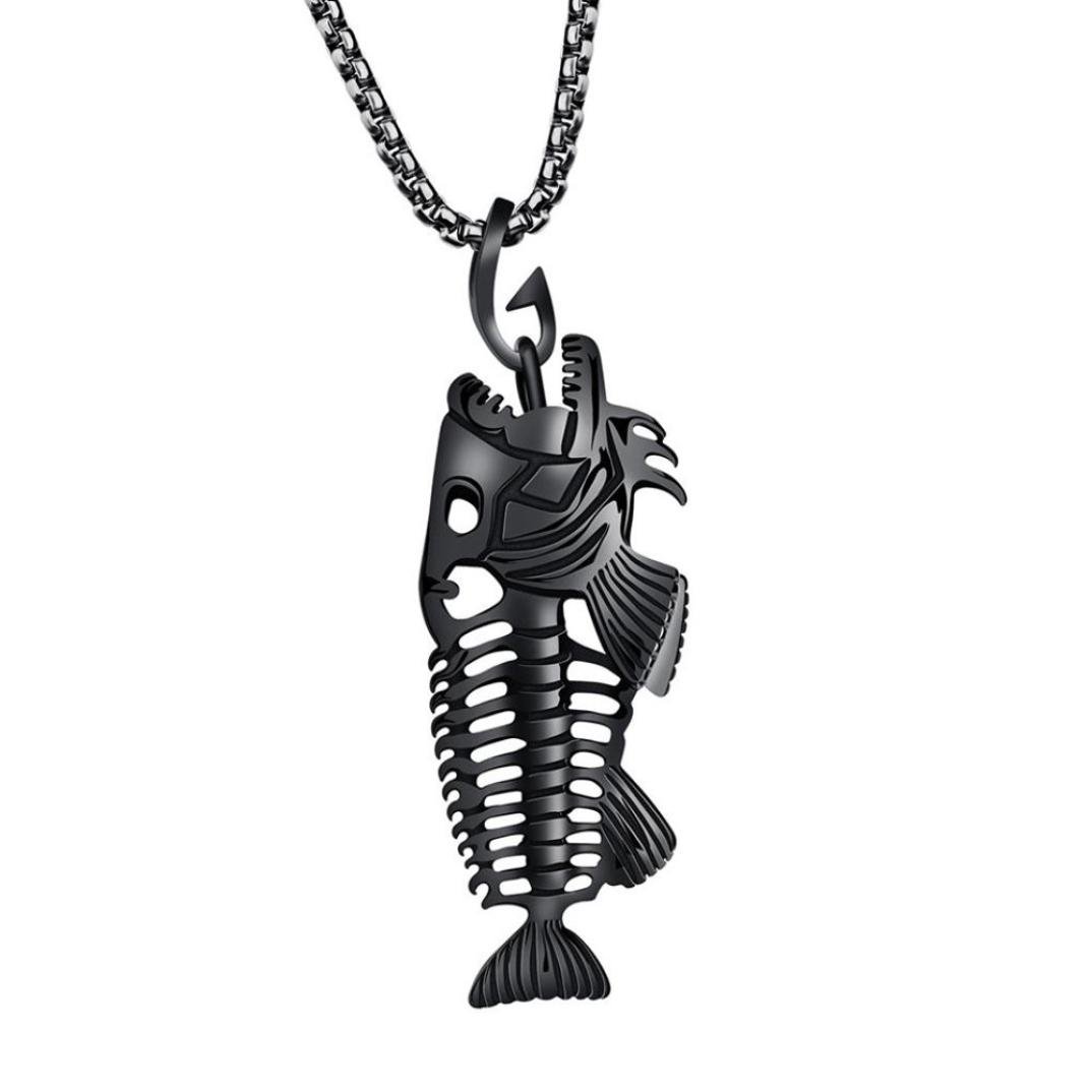 Hmlai Men's Stainless Steel Fish Bone & Fishing Hook Skeleton Pendant Necklace - Surfer Chain Link Jewelry for Casual Wear, Beach Parties & Outdoor Adventures