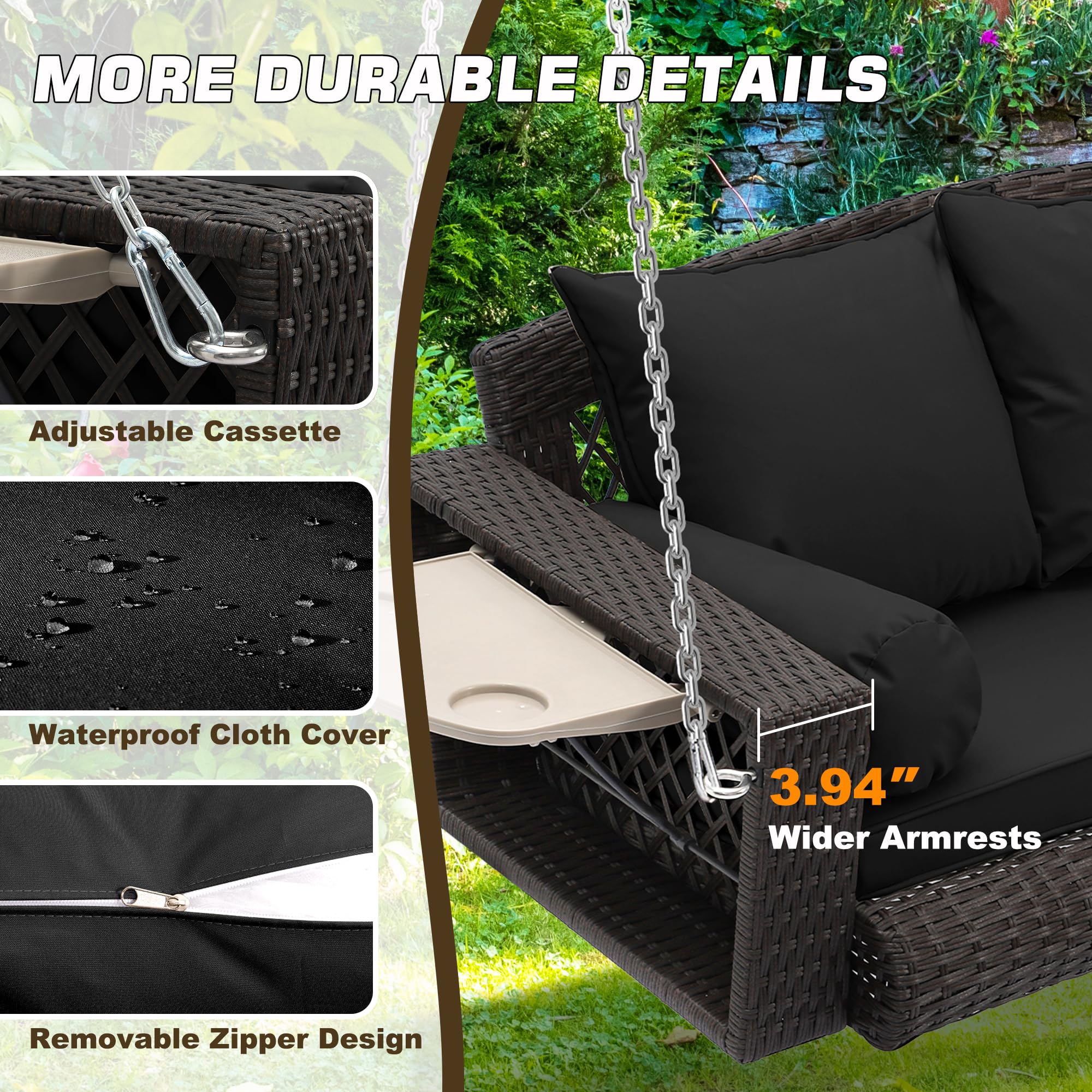 Grepatio 3-Person Outdoor Wicker Porch Swing Chair with Cushion & Pillow - Brown Rattan & Black Cushion - Perfect for Garden, Patio, Yard, or Lawn Relaxation