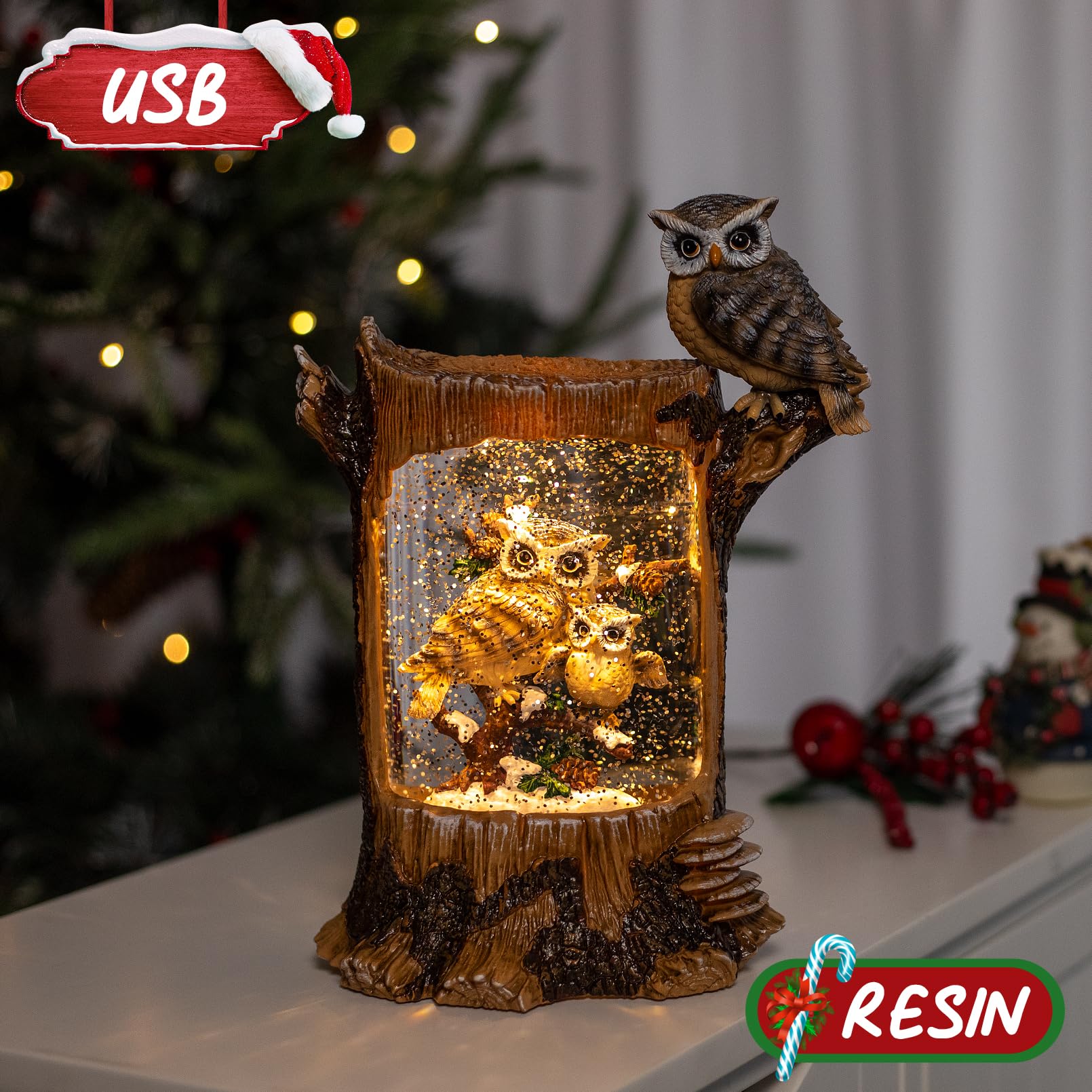 Christmas Owl Family Snow Globe with Music & Timer - Large Glittering Owl Figurine Holiday Decor for Home, Battery & USB Powered - Perfect for Christmas Gifts, Mantel Decor & Winter Wonderland Displays