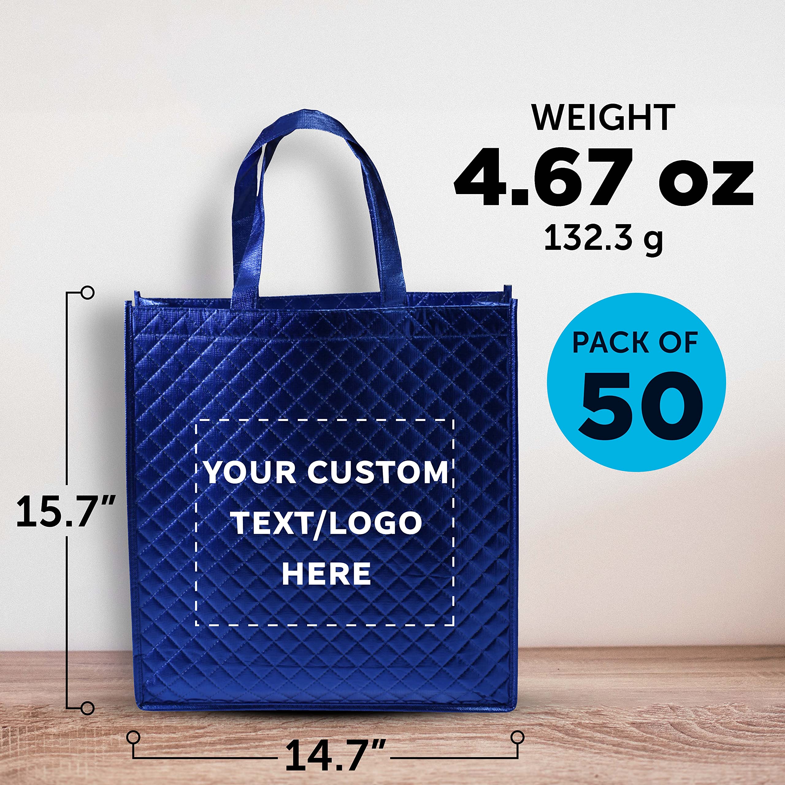 Custom Luxury Laminated Tote Bags - Bulk Pack of 50 Personalized Reusable Shopping Bags | Royal Blue | Perfect for Beach Outings, Wedding Favors, Corporate Events & Retail Promotions