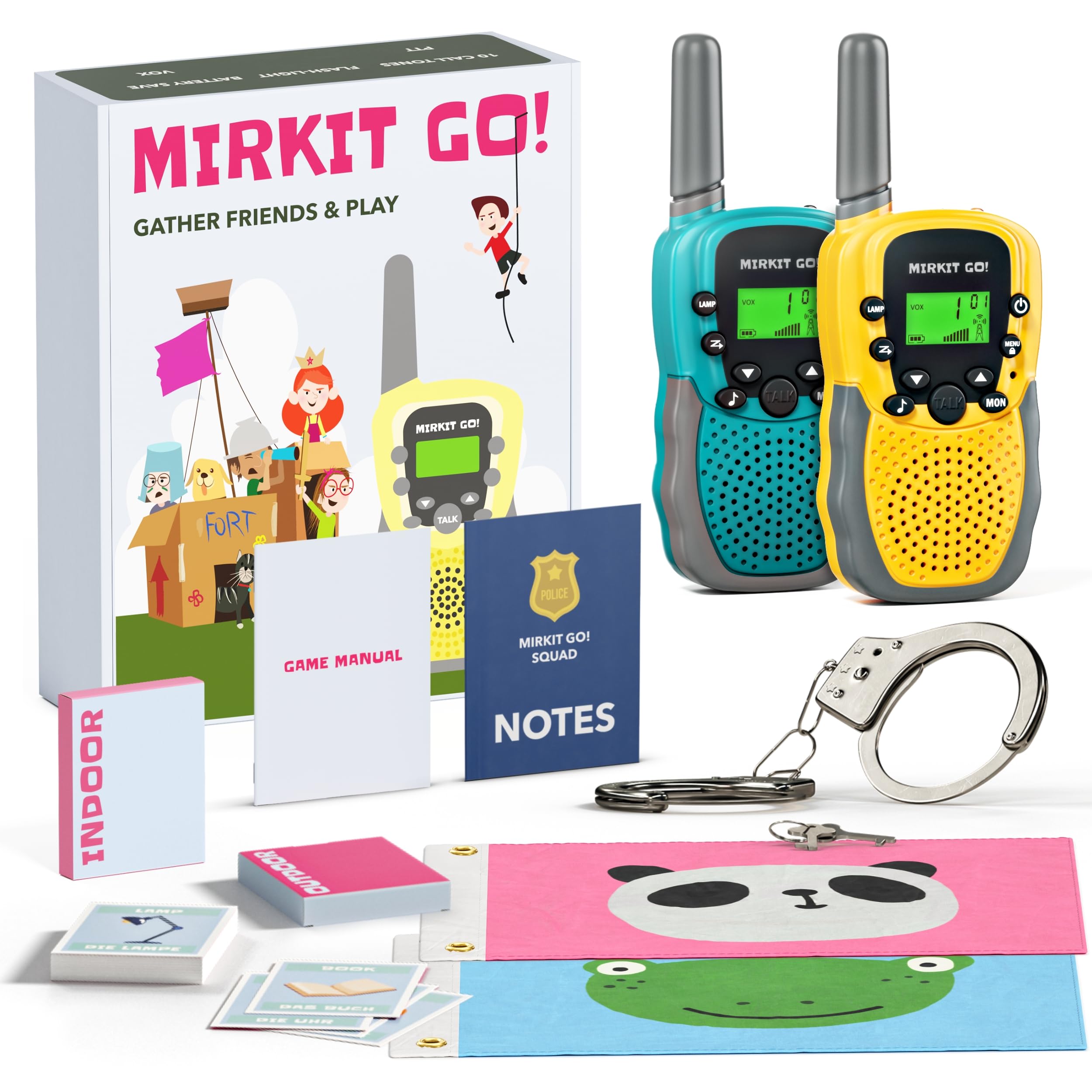 MIRKIT GO! Game: 2-Pack Kids Walkie Talkies with 4 Outdoor Backyard Games - Scavenger Hunt, Capture The Flag, Police & Hide and Seek | Fun Yard Games for Kids & Adults | Includes Free Handcuffs | Perfect for Family Camping, Birthday Parties & Outdoor Adventures