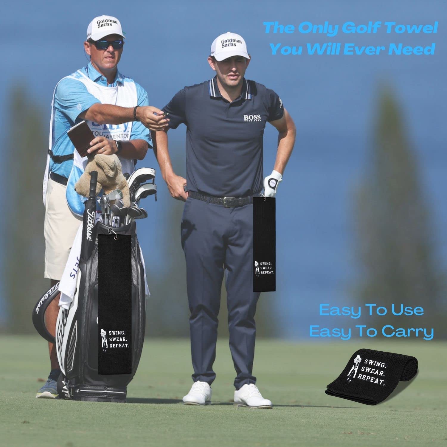 Funny Embroidered Golf Towel - Premium Golf Accessories for Men & Women | Golf Gifts with 'Swing Swear Repeat' Design | Perfect for Golf Courses, Driving Range & Clubhouse Use | Black