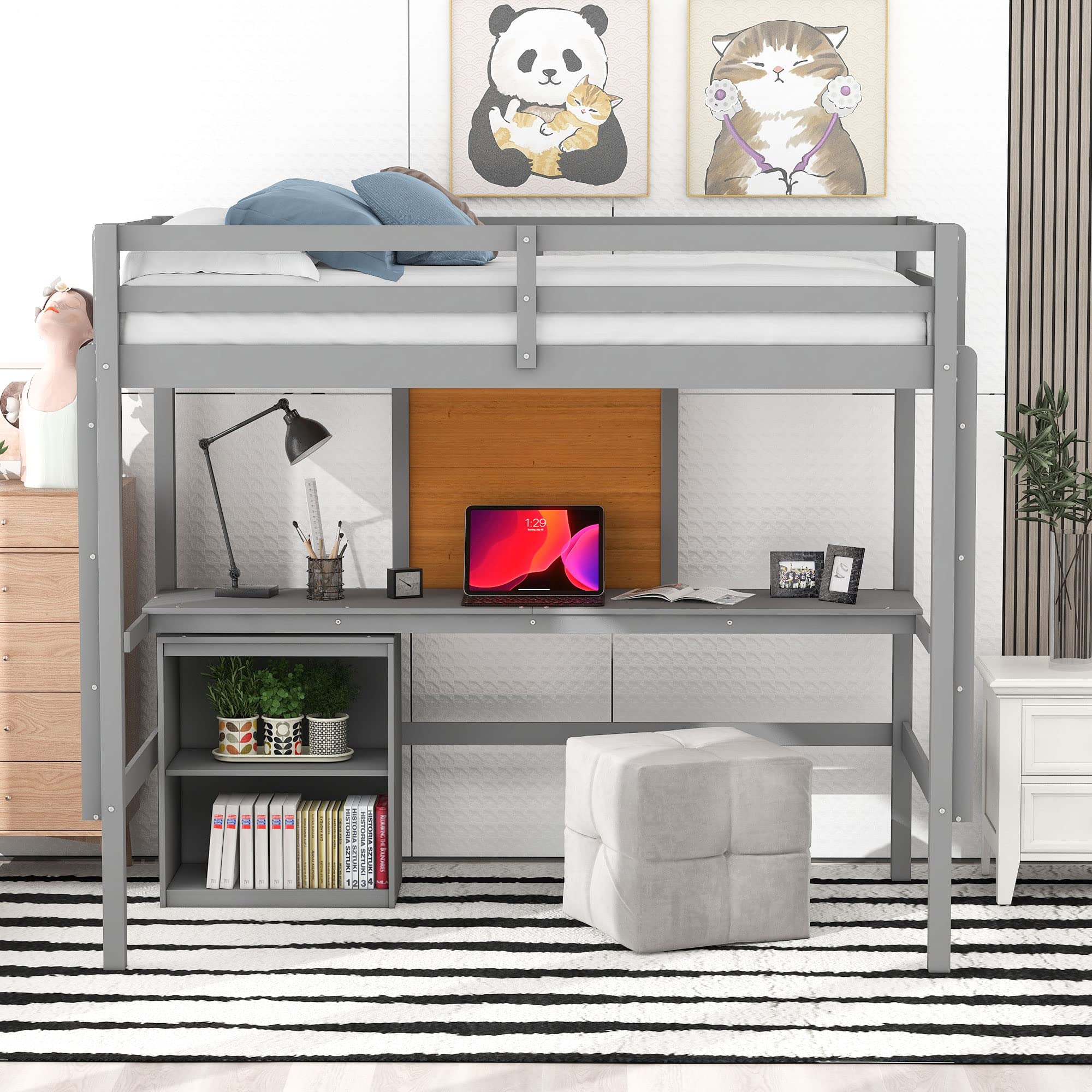 Twin Size Wooden Loft Bed with Built-in Desk, Writing Board & 2 Drawers - Space-Saving Study Bed for Kids & Teens - Perfect for Small Bedrooms, Dorm Rooms & Home Offices