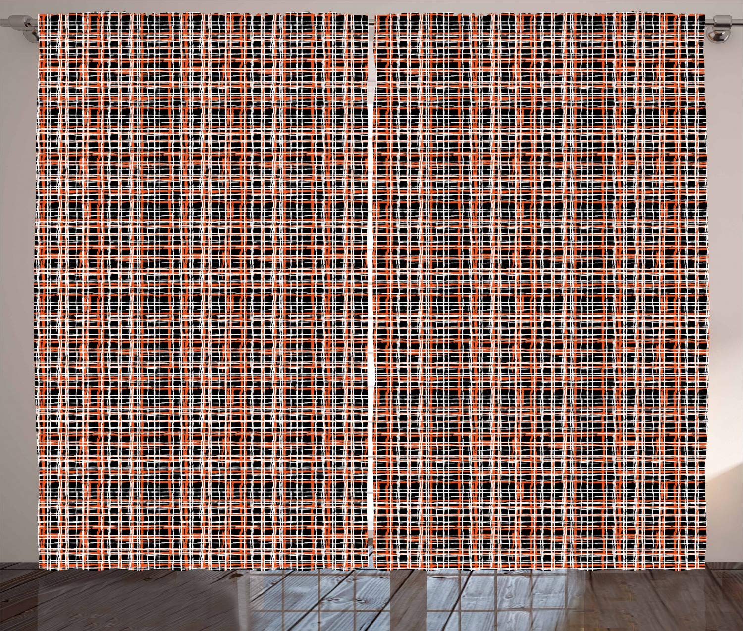 **Ambesonne Retro Vintage Striped Curtains - Brushed Lines Plaid Geometric Grid Black Orange White Window Drapes 2 Panel Set 108