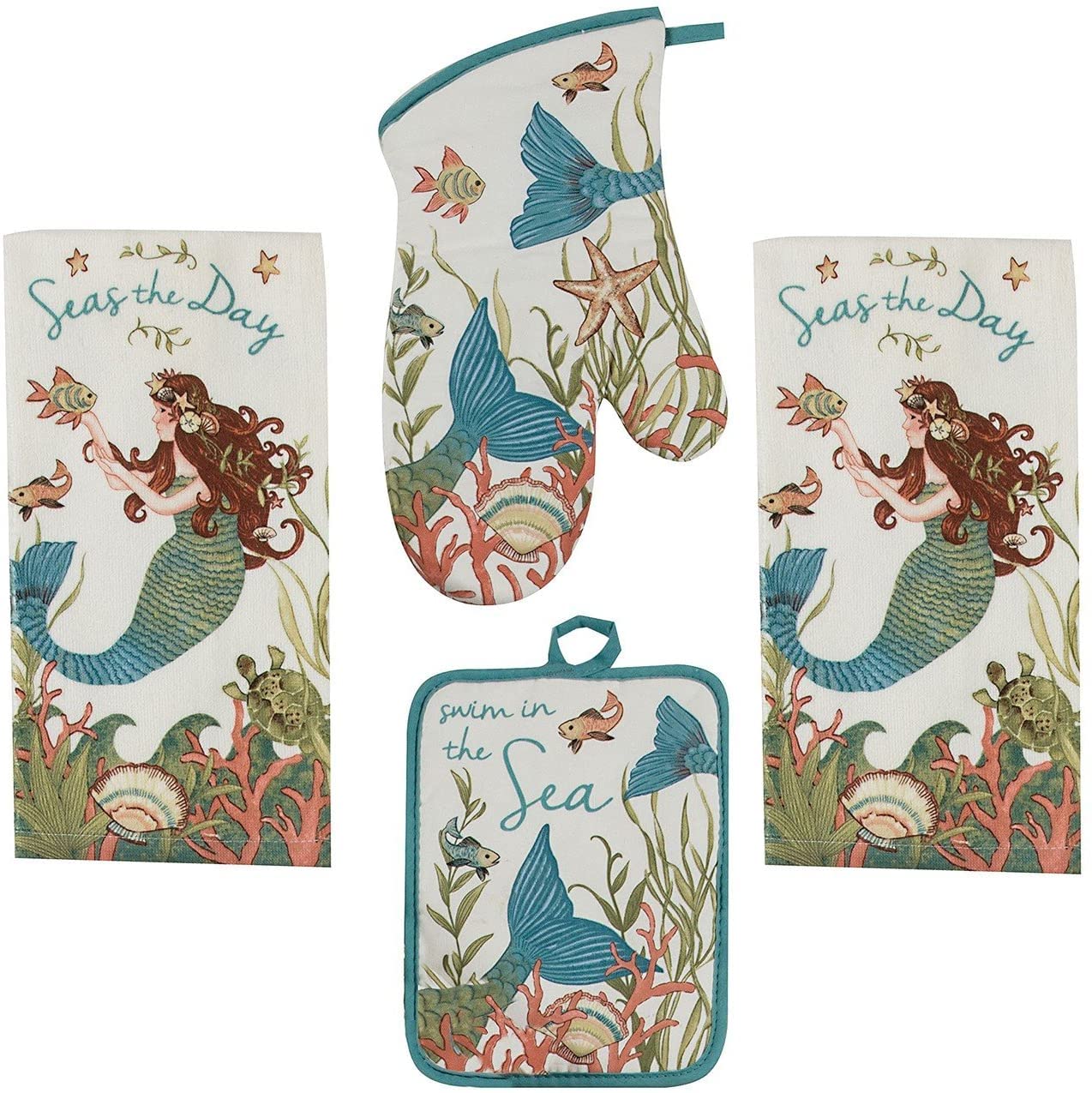 Kay Dee 4-Piece Kitchen Set - 2 Terry Towels, Heat Resistant Oven Mitt & Potholder - Mermaid Design for Cooking, Baking & Kitchen Decor