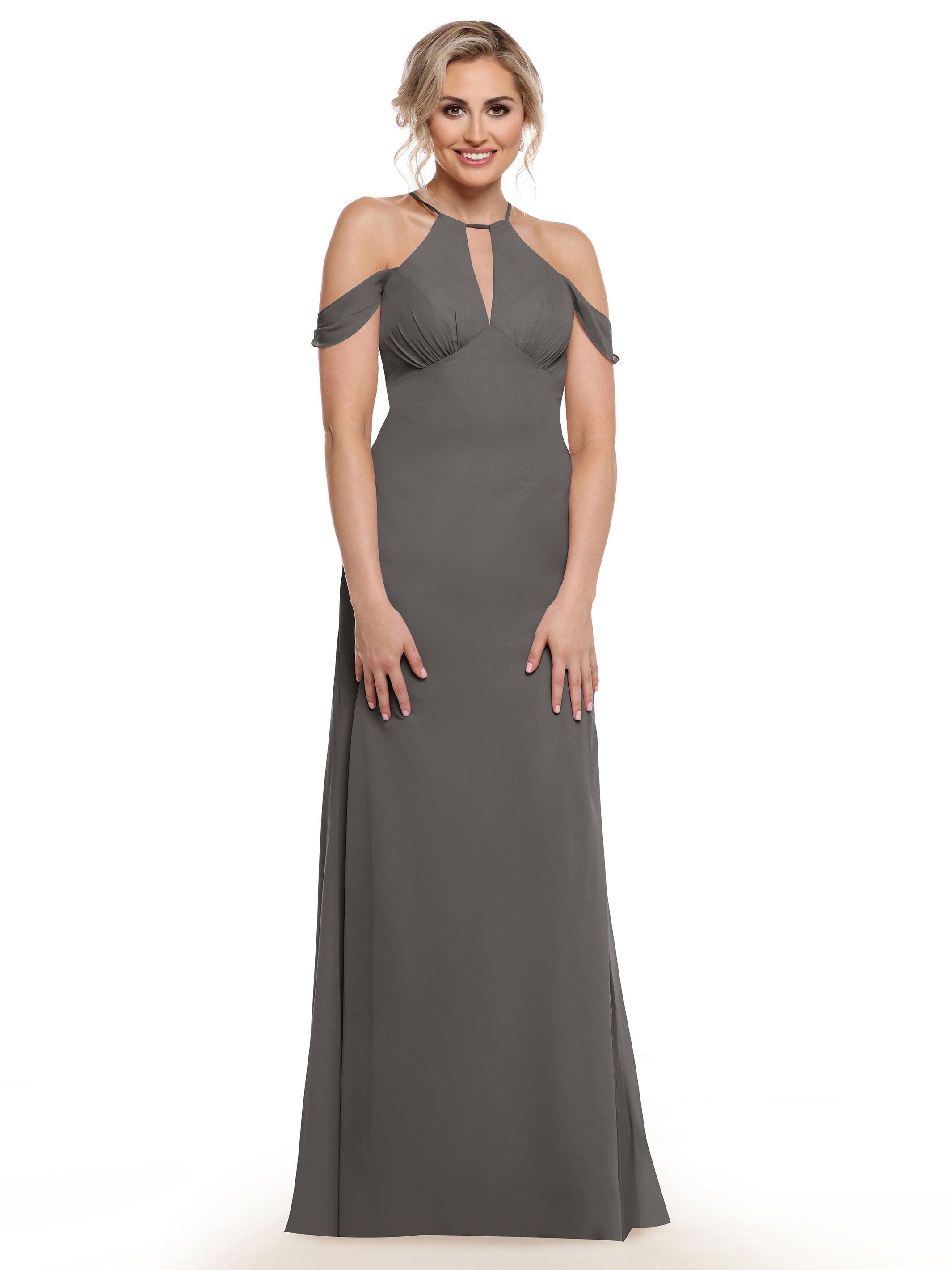 Elegant Off-The-Shoulder Chiffon Bridesmaid Dress with Halter Neckline - Perfect for Weddings, Formal Events & Special Occasions