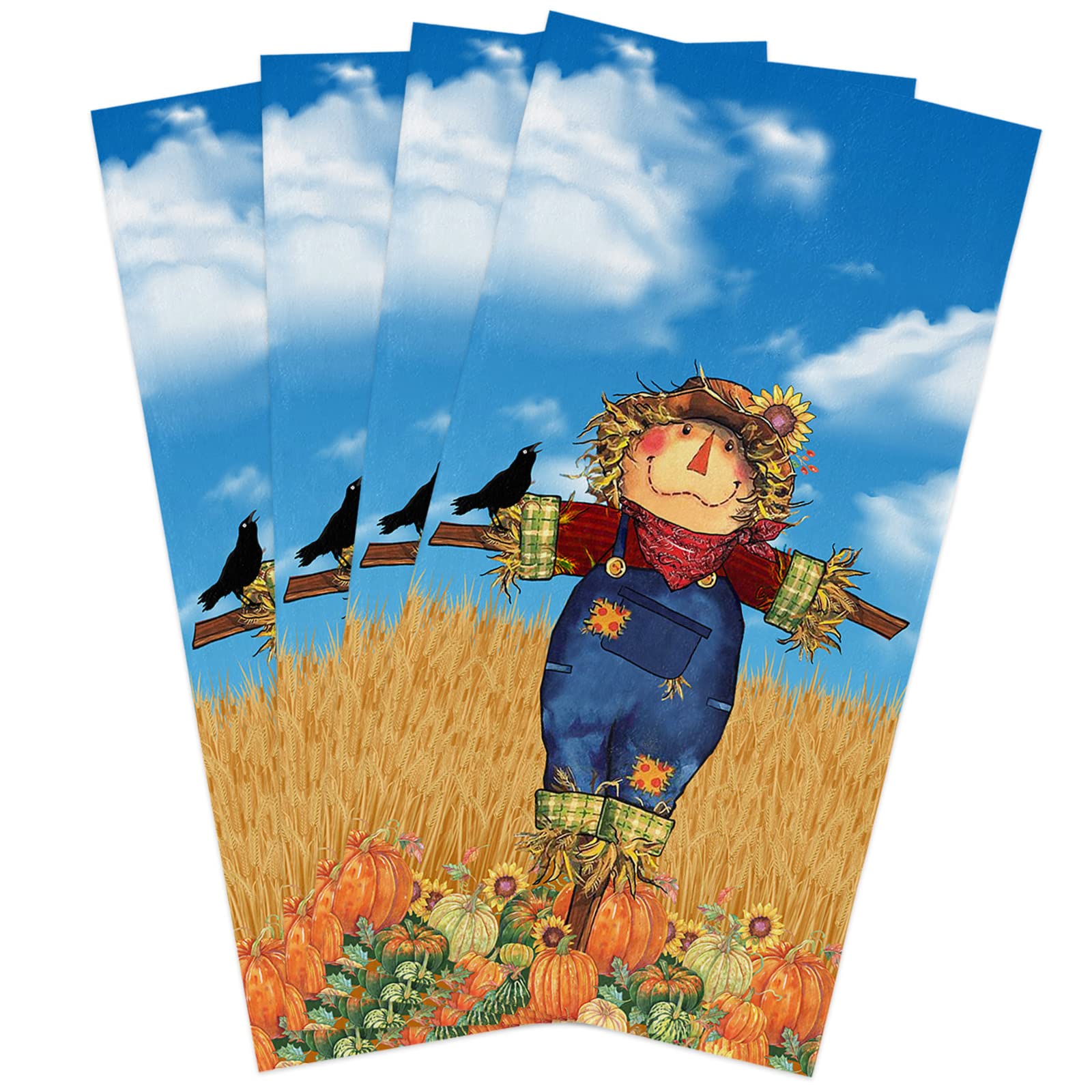 Premium 4-Pack Autumn Harvest Kitchen Towels - Scarecrow, Wheat Field, Pumpkin & Sunflower Designs - Super Absorbent & Soft 18