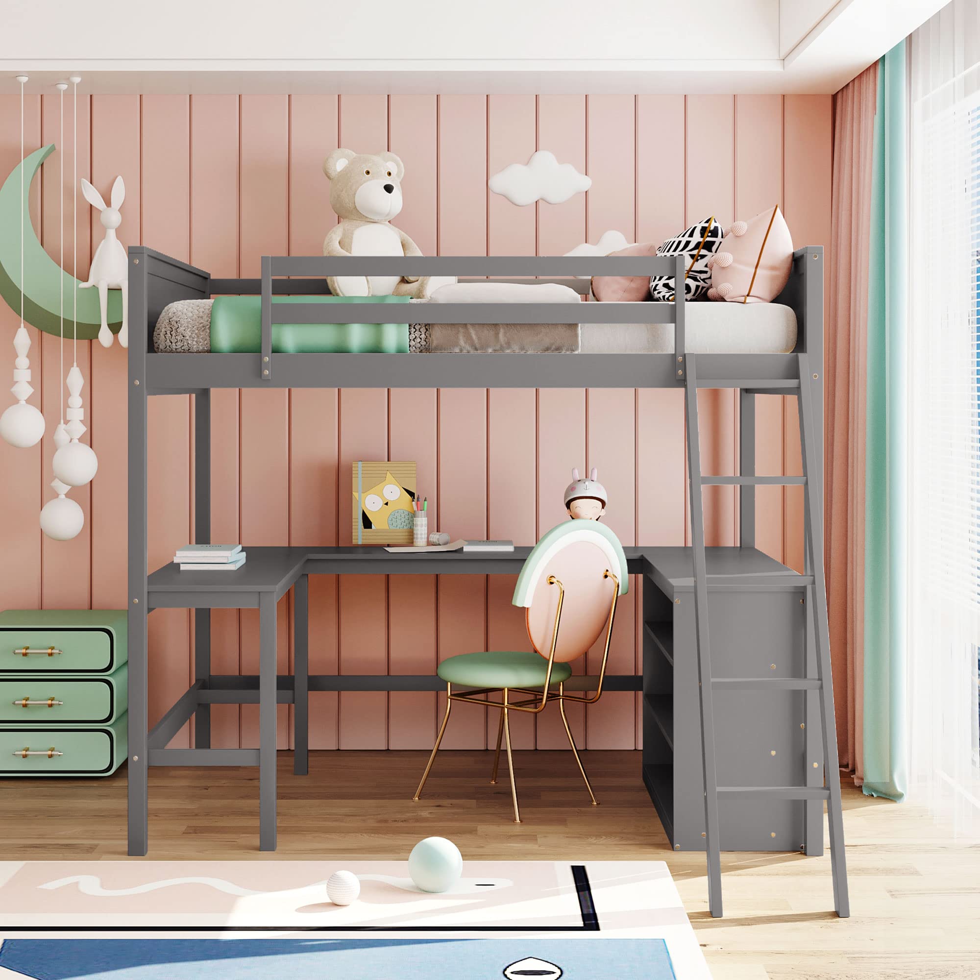 Merax Full Size Loft Bed with Shelves & Study Desk - Sturdy Wooden Bunk Bed Frame in Grey - Perfect for Small Bedrooms, Dorm Rooms & Kids' Space-Saving Solutions