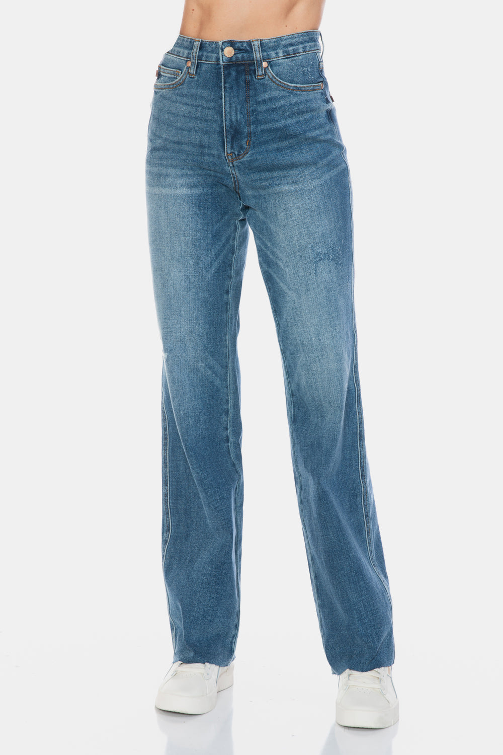 Judy Blue Women's High Waisted Tummy Control Straight Leg Jeans with Raw Hem - Comfortable Stretch Denim for Everyday Wear, Work & Casual Outings
