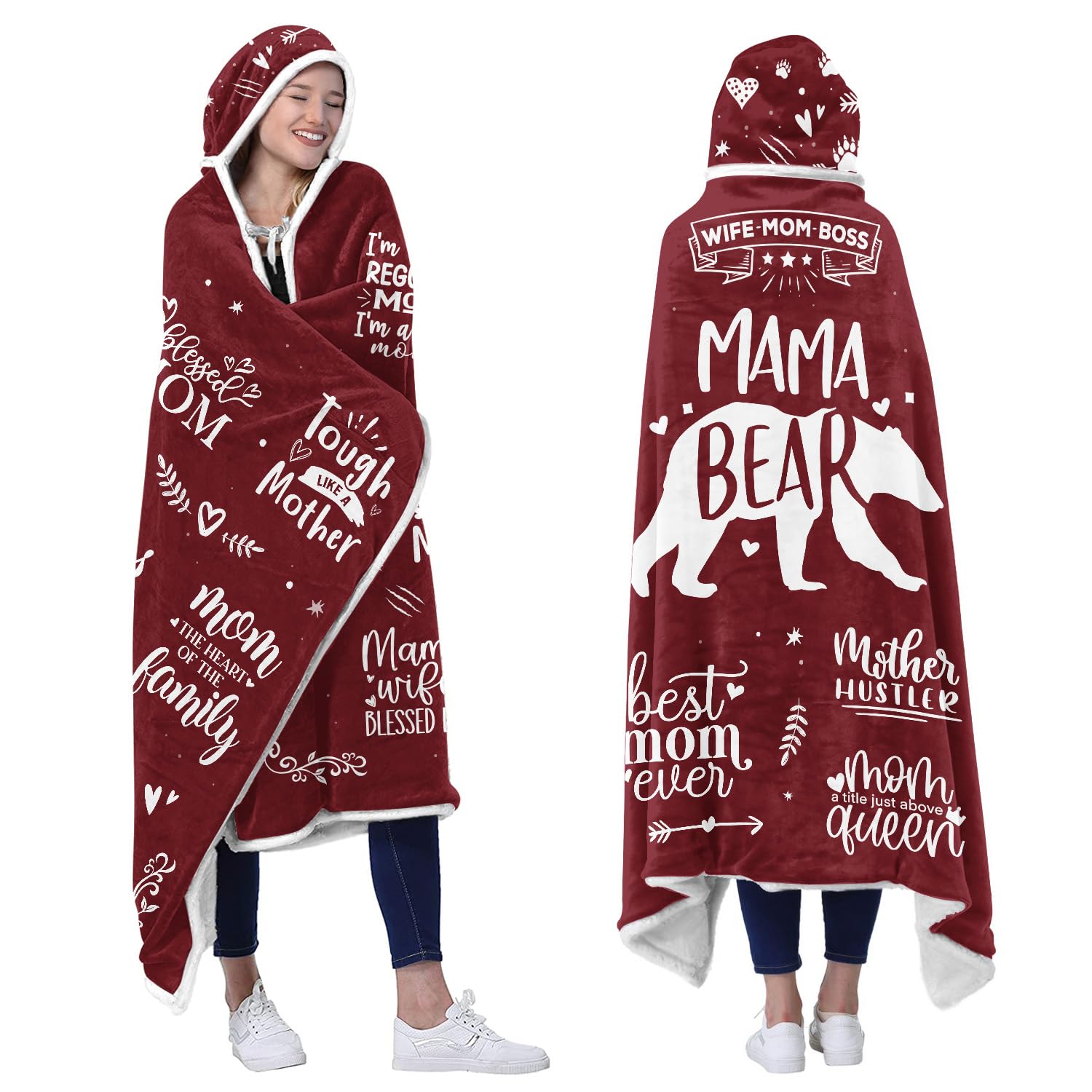 Cozy Mama Bear Wearable Hooded Blanket - Soft Fleece Hoodie Blanket for Women - Perfect Gift for Mom, Wife (Christmas, Birthday) - Great for Lounging, Movie Nights & Cold Weather