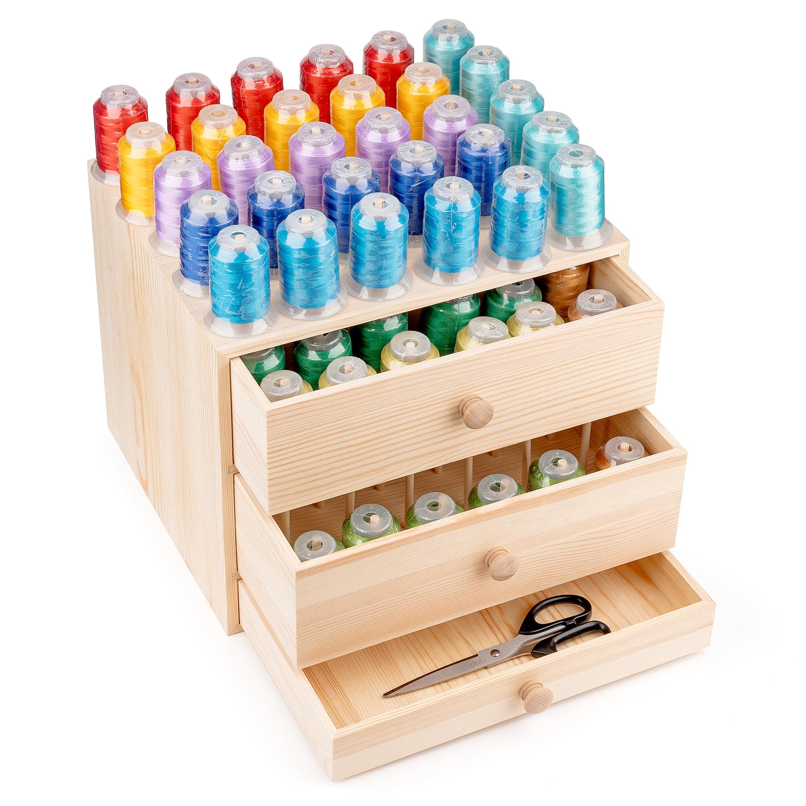 90 Spools Wooden Thread Holder Organizer - 3-Tier Drawer Embroidery Thread Storage Box for Sewing, Quilting, Hair Braiding & Jewelry Making | Perfect for Craft Room Organization & DIY Projects
