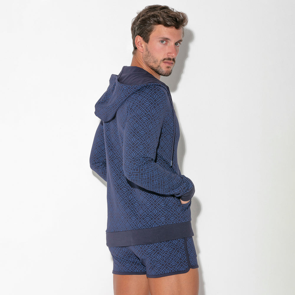 Code 22 Geometric Print Slim Fit Cotton Hoodie 9811 - Navy Blue Men's Casual Pullover for Streetwear & Everyday Comfort