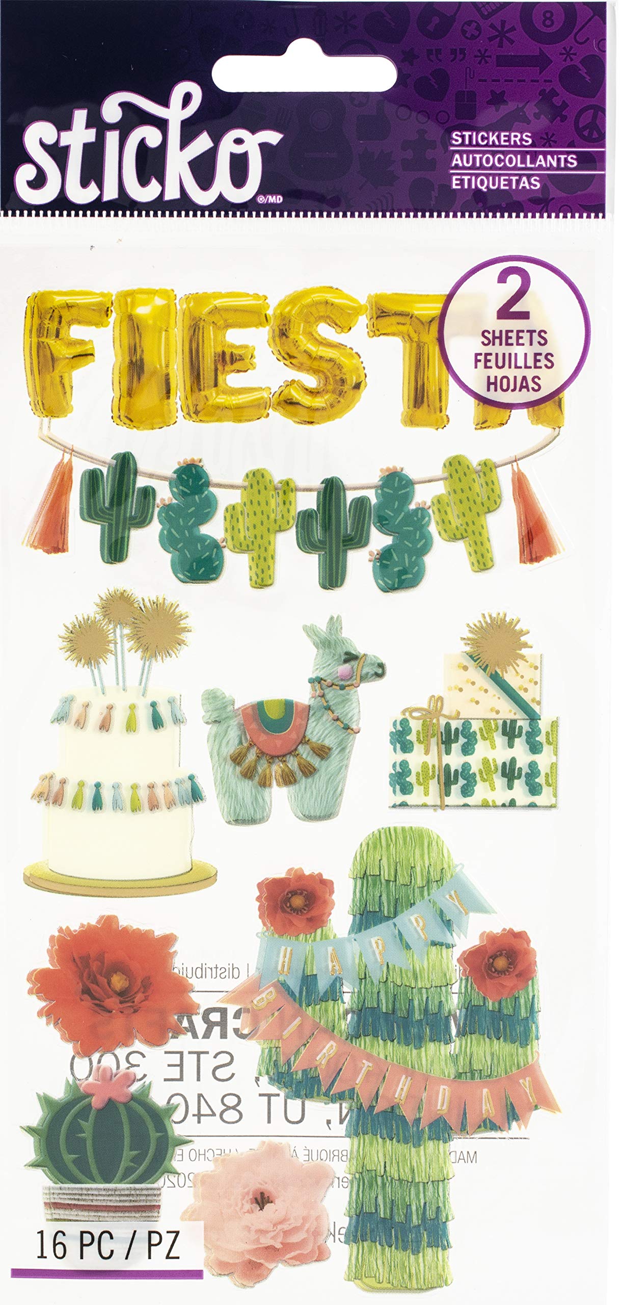 Sticko Fiesta Birthday Stickers - 16 Pack | Fun Party Decorations, Scrapbooking & DIY Crafts for Kids & Adults