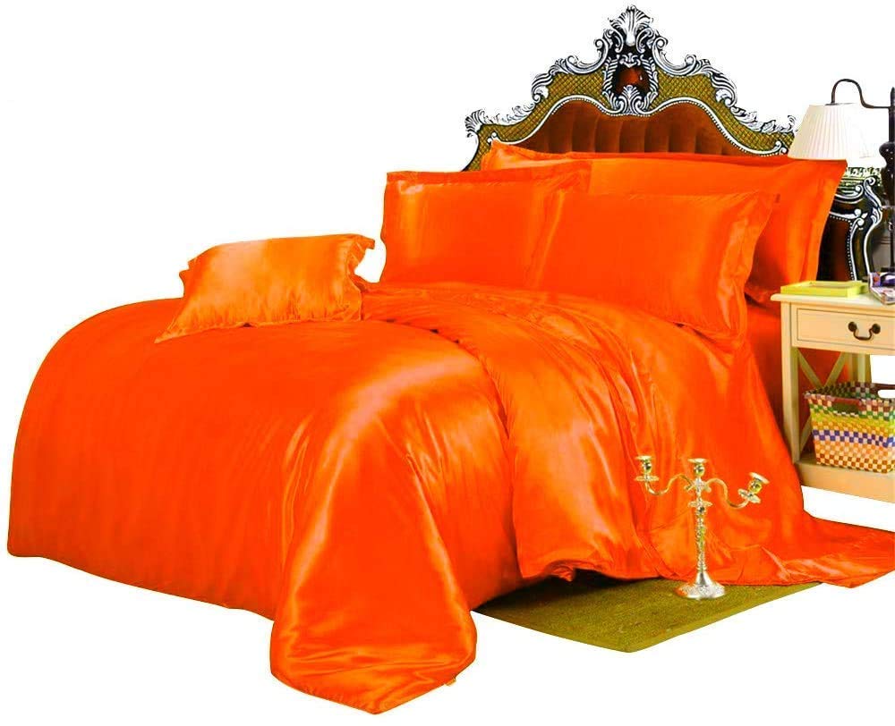 Twin XL Comforter Set - 7 Piece Satin Bedding Set with Duvet Insert, Flat Sheet, Fitted Sheet (19'') & 4 Pillowcases - 600 GSM Orange Luxury Comforter for College Dorms, Guest Rooms & Teen Bedrooms