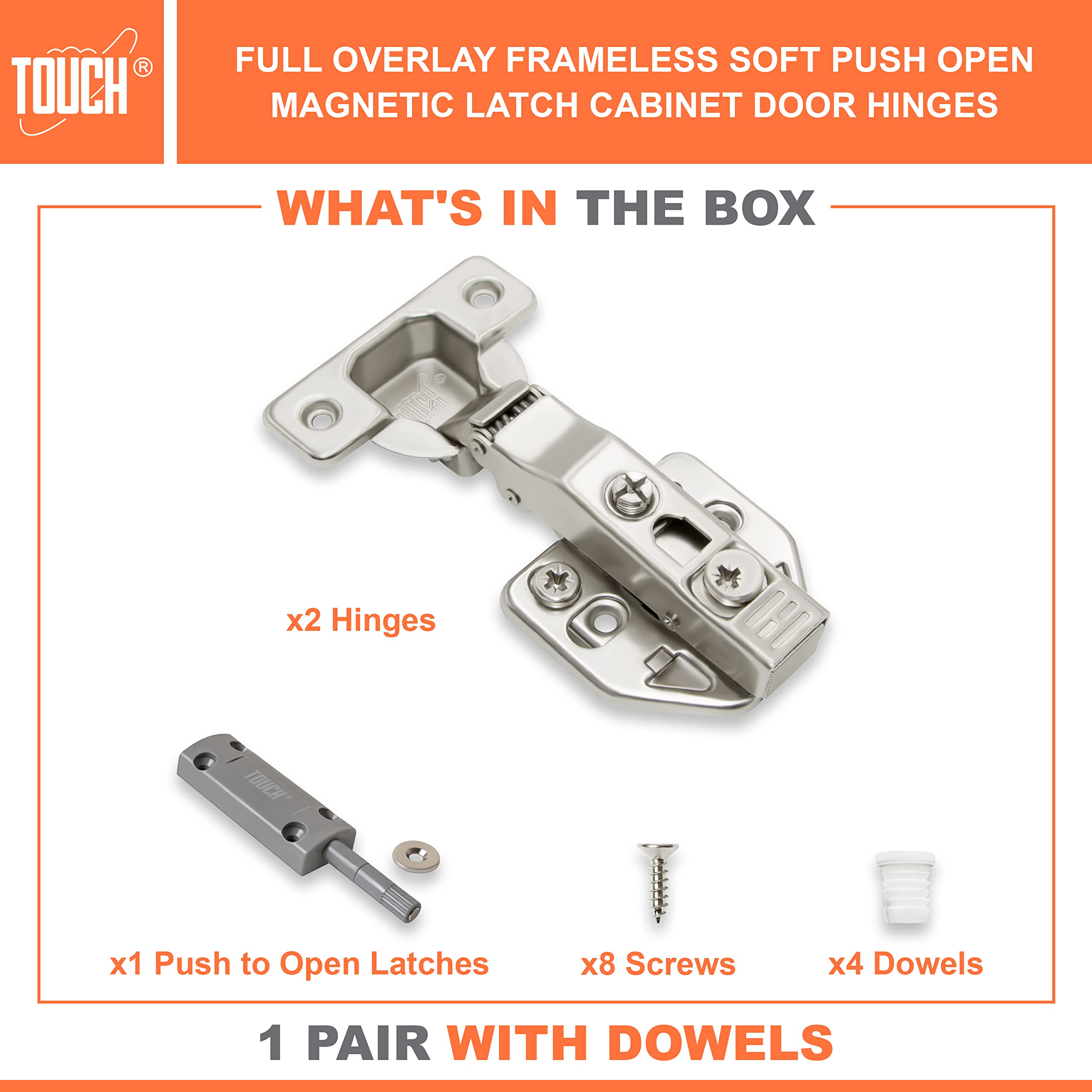 Soft Push-to-Open Cabinet Hinges (2-Pack) - Full Overlay 3D Adjustable Hinges with Magnetic Latch for Kitchen Cabinets, Wardrobes & Closets - Easy Installation with Dowels - Perfect for Modern Home Organization & Space-Saving Storage Solutions