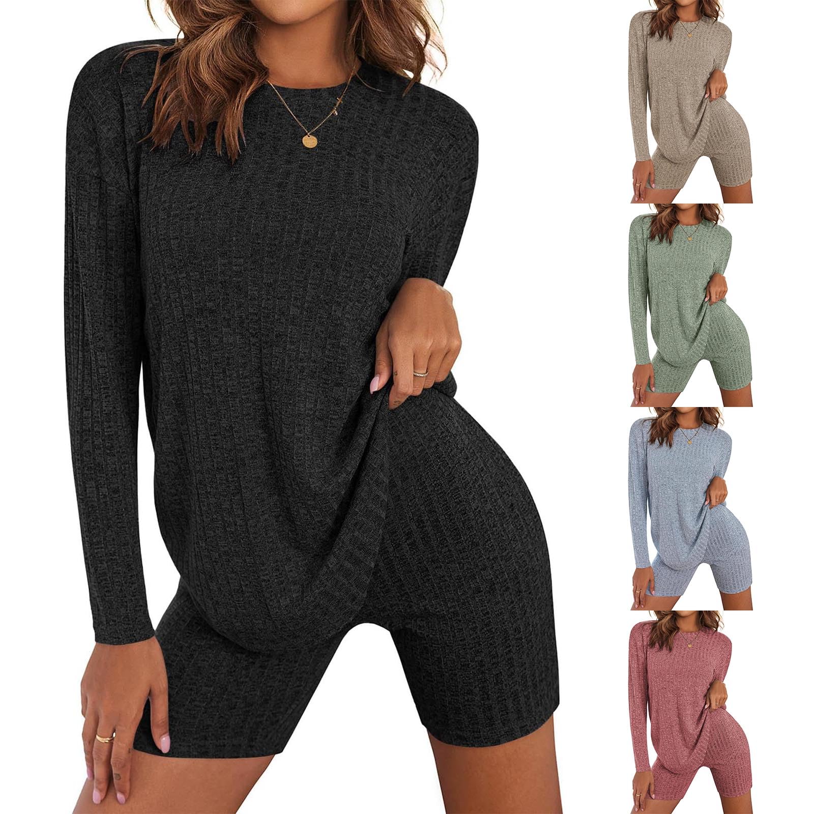 Women's 2-Piece Ribbed Knit Outfit Set - Long Sleeve Drop Shoulder T-Shirt & Shorts - Soft Stretchy Workout Sports Tracksuit Fabric - Gym, Yoga, Running & Lounge Wear