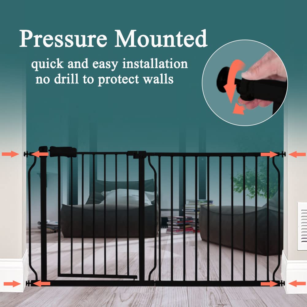 ALLIABB 44-48 Inch Extra Wide Baby Safety Gate - Pressure Mounted Walk Through Pet Gate for Stairs, Doorways & Hallways (43.31-48.03 Inch/110-122cm, Auto Close, Black Metal) - Perfect for Childproofing Homes with Kids & Pets in Living Rooms, Kitchens & Staircases