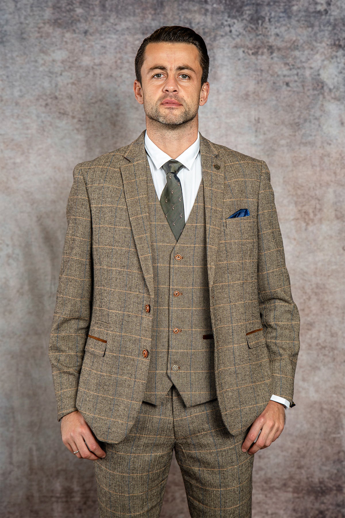 Lukasz Fabianski Style TED Tan Tweed Check Three Piece Suit | Premium Wool Blend Men's Formal Suit | Perfect for Weddings, Business Meetings & Special Occasions