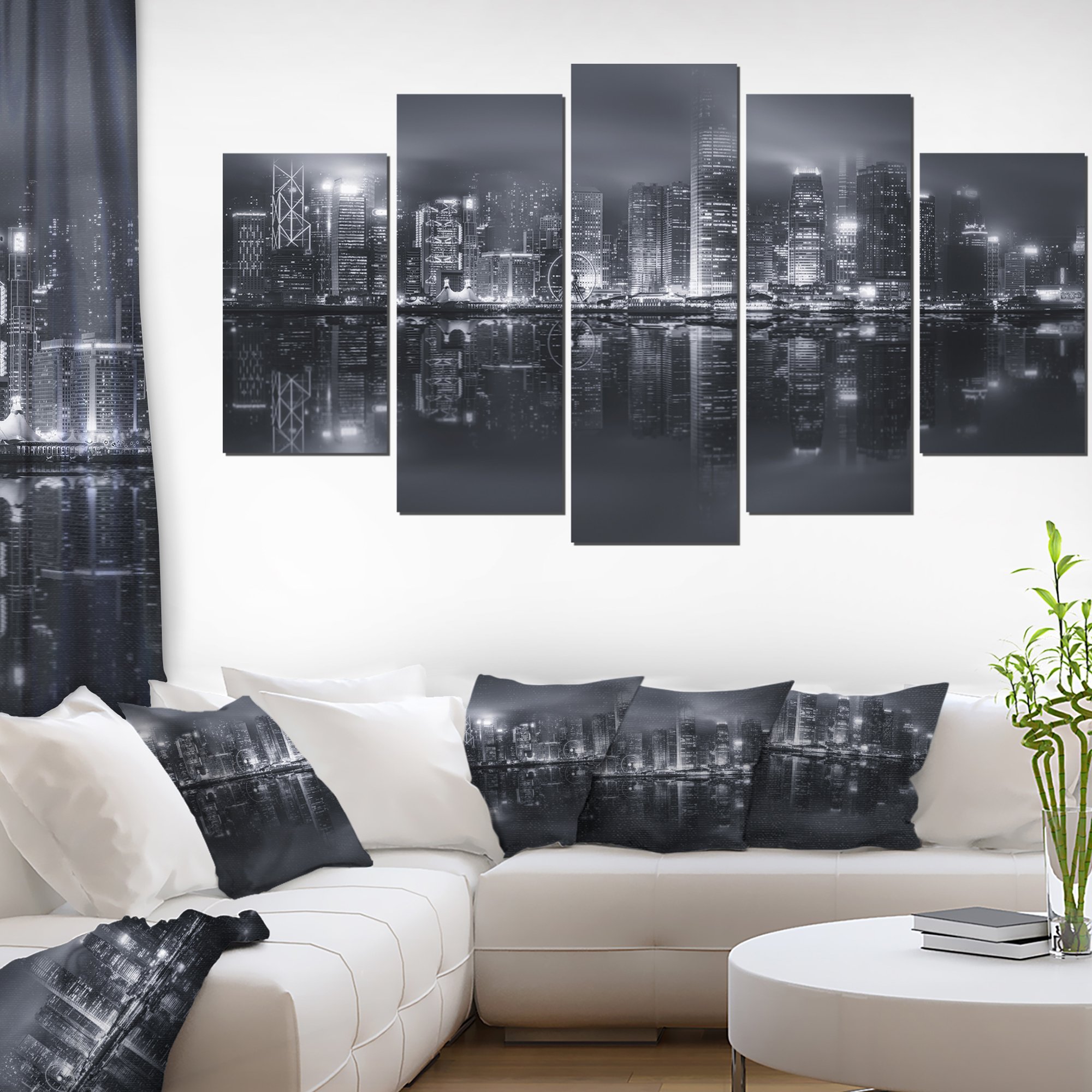 Hong Kong Skyline Canvas Art - Black & White Cityscape Wall Decor - 5 Panel Diamond Shape (60x32 in) - Perfect for Living Room, Office & Modern Home Decor