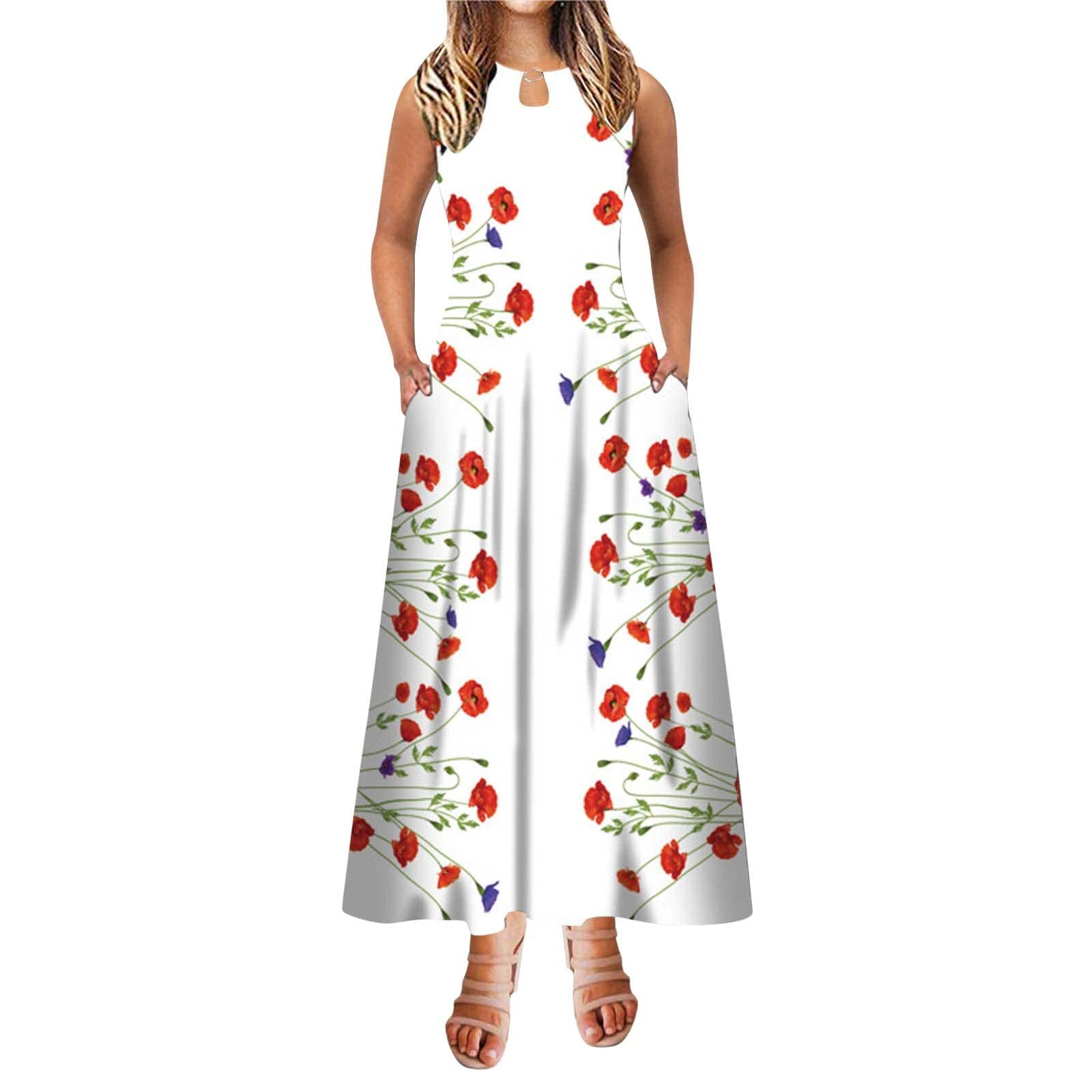 Women's Floral Print A-Line Maxi Dress - Sleeveless Summer Long Dress with Pockets, Round Neck Elegant Work Dress for Office, Party & Casual Outings