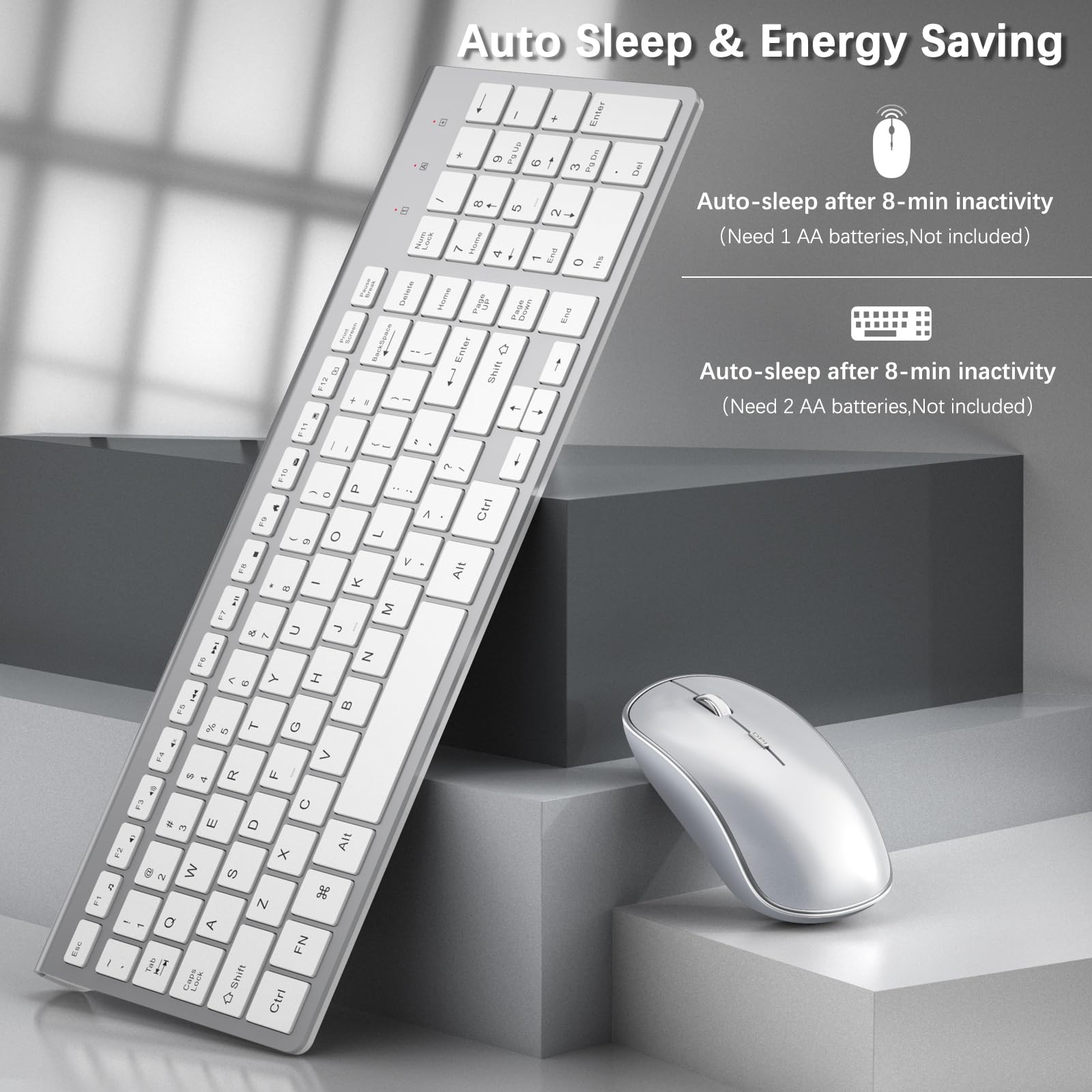 J JOYACCESS 2.4G Wireless Keyboard and Mouse Combo with Numeric Keypad - Quiet Clicks, Ergonomic Design for Laptop, Desktop, Tablet & Mac (Silver White) - Perfect for Office Work, Gaming & Home Computing