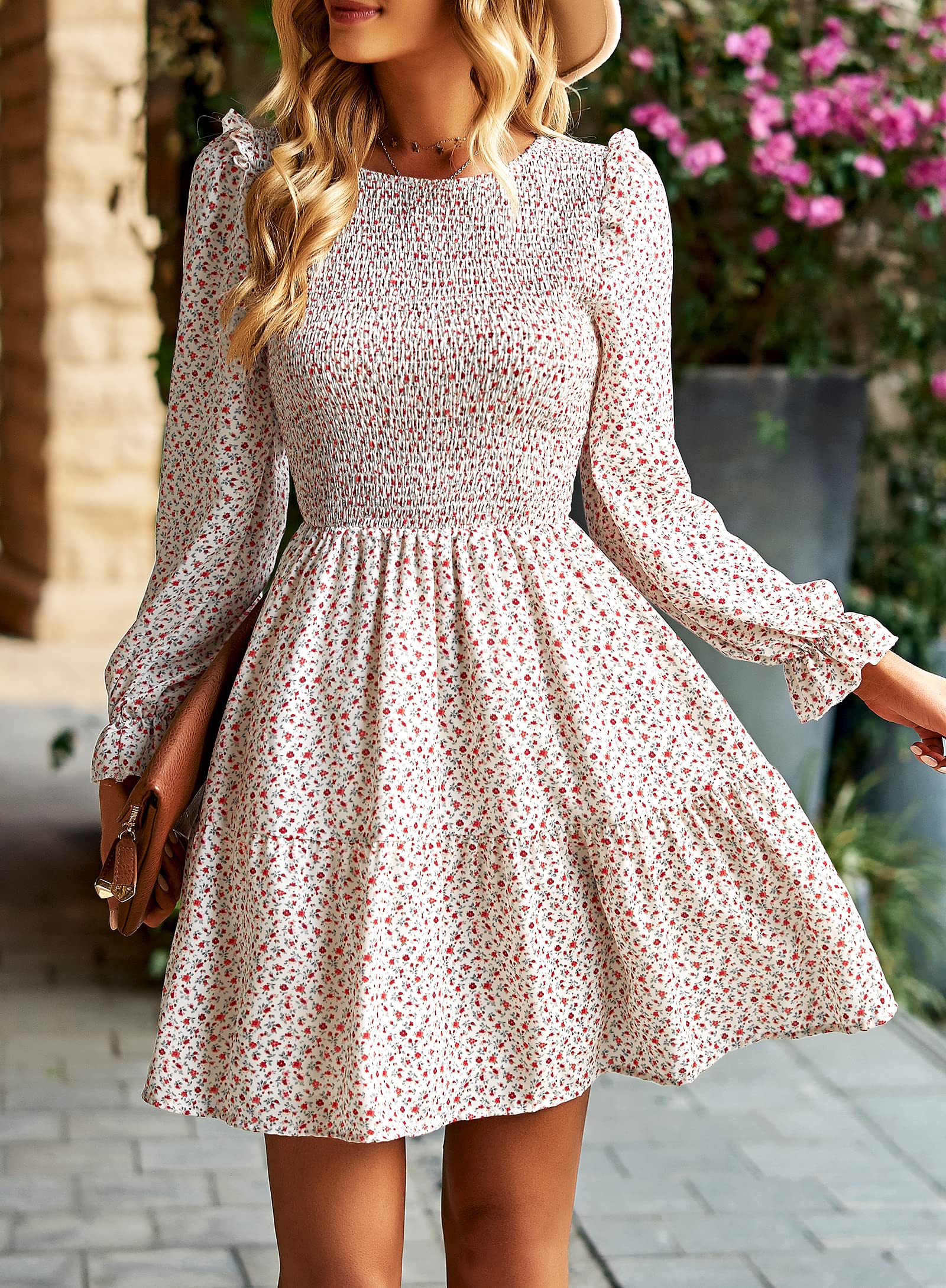 KIRUNDO Women's Floral Smocked Long Sleeve Ruffle A-Line Mini Dress - Spring Summer Party Dress 2025 | Perfect for Garden Parties, Date Nights & Special Occasions
