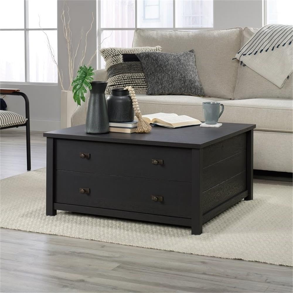 Pemberly Row 2-Drawer Wooden Storage Coffee Table in Raven Oak - Stylish Living Room Furniture for Small Spaces & Home Organization