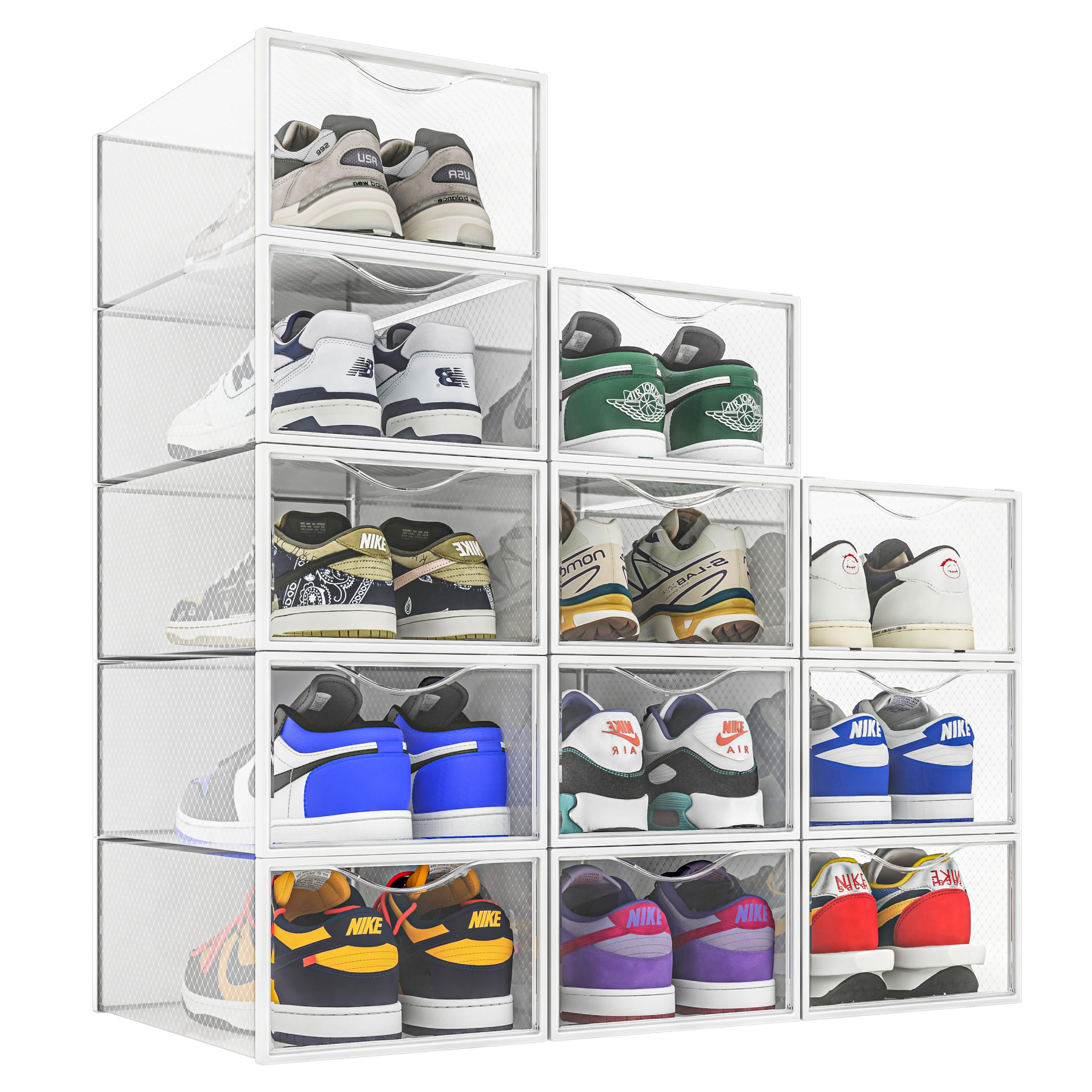 12 Pack Clear Plastic Stackable Shoe Storage Bins - Foldable Shoe Organizer for Closet & Sneaker Holder | Space Saving Shoe Box Container for Home, Office & Dorm Organization